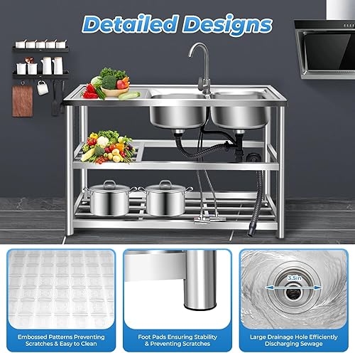 Miniatura 5 de Fregadero de cocina comercial, fregadero de acero inoxidable de 2 compartimentos, fregadero de restaurante independiente, mesa de preparación de