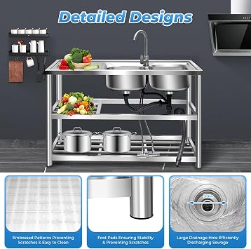 Double Bowl Sink Stainless-Steel Freestanding Commercial Restaurant Kitchen Sink Set w/Faucet & Drainboard 2 Compartment Utility Washing Hand Basin w/Workbench & Storage Shelves