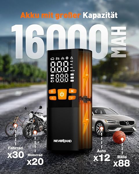 NEVERLAND Elektrische Luftpumpe Akku Kompressor, 10,3Bar/150 PSI, 16000mAh, tragbare Fahrradpumpe mit Auto-Stopp, Manometer, LED-Licht & Powerbank, für Auto, Motorrad, Fahrrad und Bälle - 4