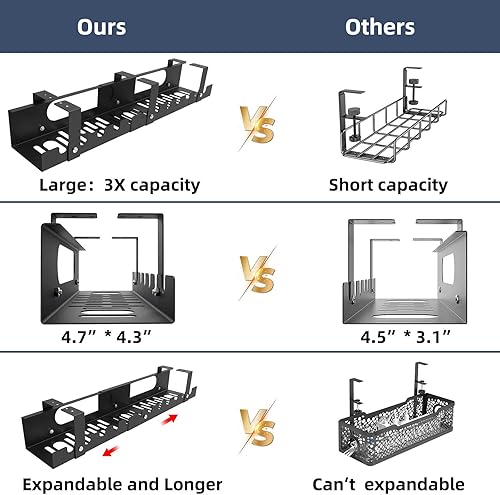 Miniatura 4 de Paquete de 2 bandejas para organizar cables debajo del escritorio, longitud ajustable (15.7 a 31.4 pulgadas), organizador de cables grande para