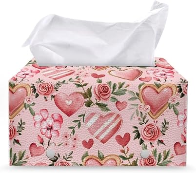 Valentine Rectangle Tissue Box Cover Rose Modern PU Leather Rectangular Tissue Box Waterproof Tissue Cover Decorative Holder Organizer for Bathroom Vanity Countertop