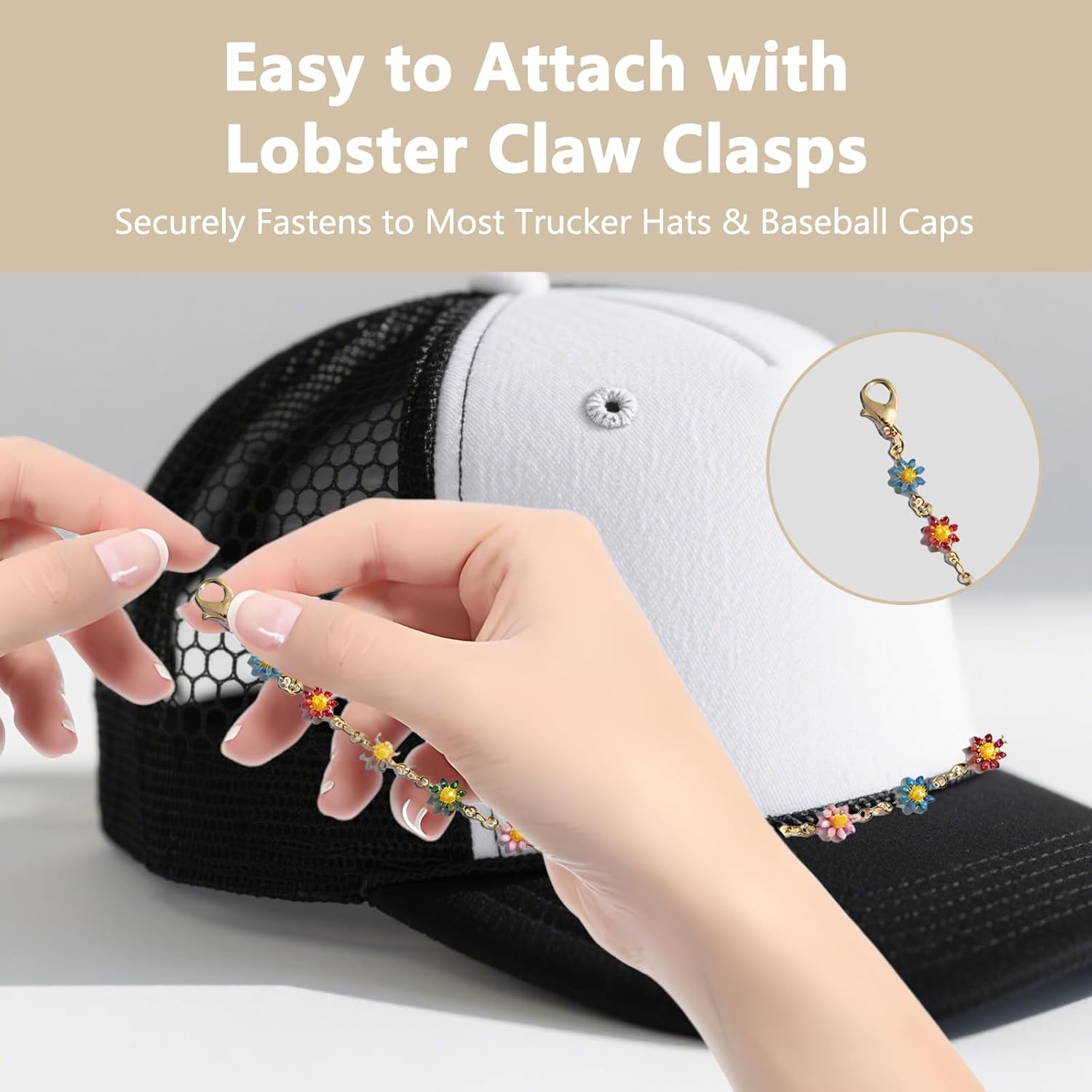 5Pcs Trucker Hat Chains and Charms for Women Bulk Pearl and Gold Daisy Chain Accessories Decorative Trucker Hats Mesh Baseball Cap Charms Bill Decorations DIY Chains - Image 5