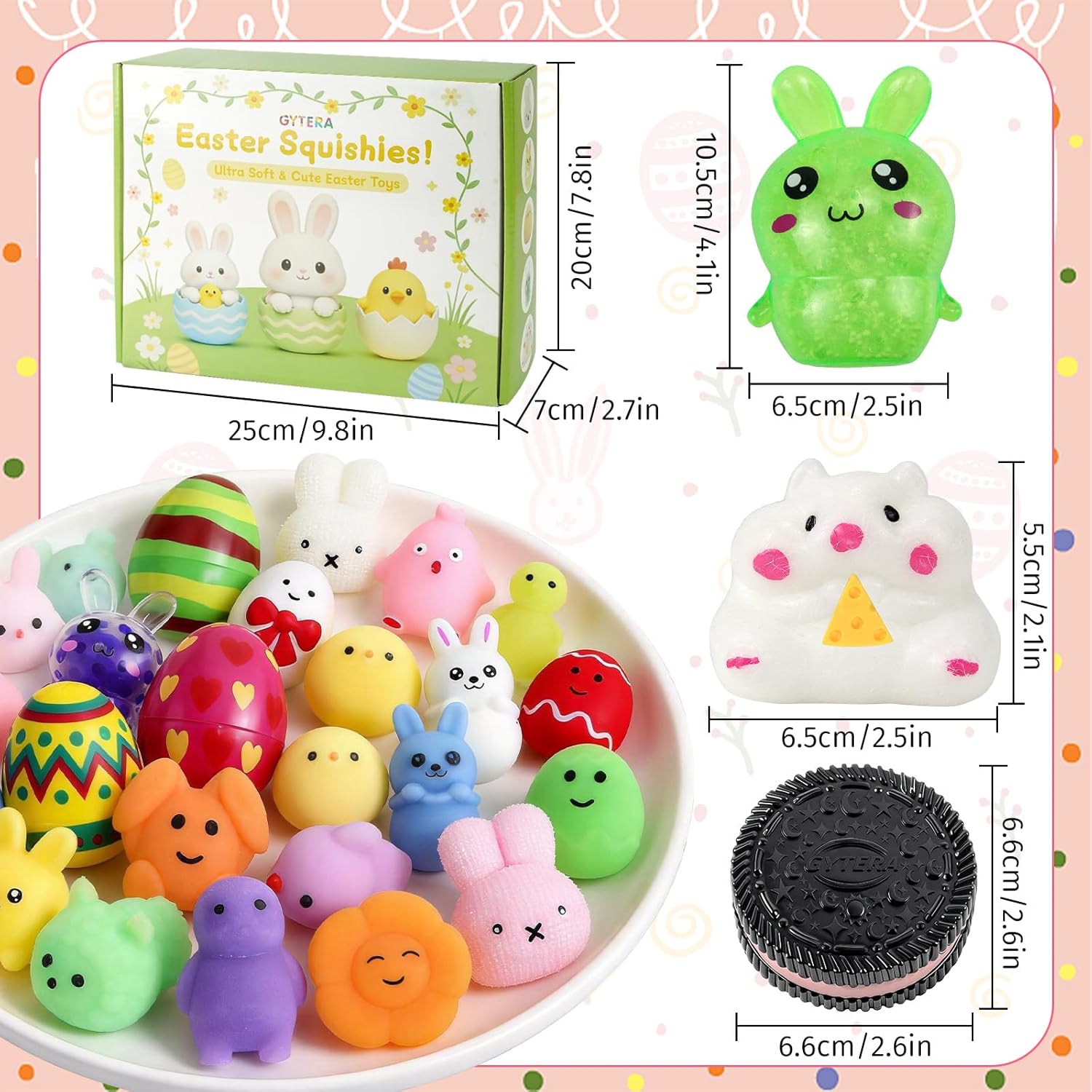 Gytera 60 PCS Easter Squishies Fidget Toys, 24pcs Eggs Shells & Bunny, Hamster, Ice Cubes, Squishies Stress Balls for Stress Relief, Easter Basket Stuffers Easter Gifts