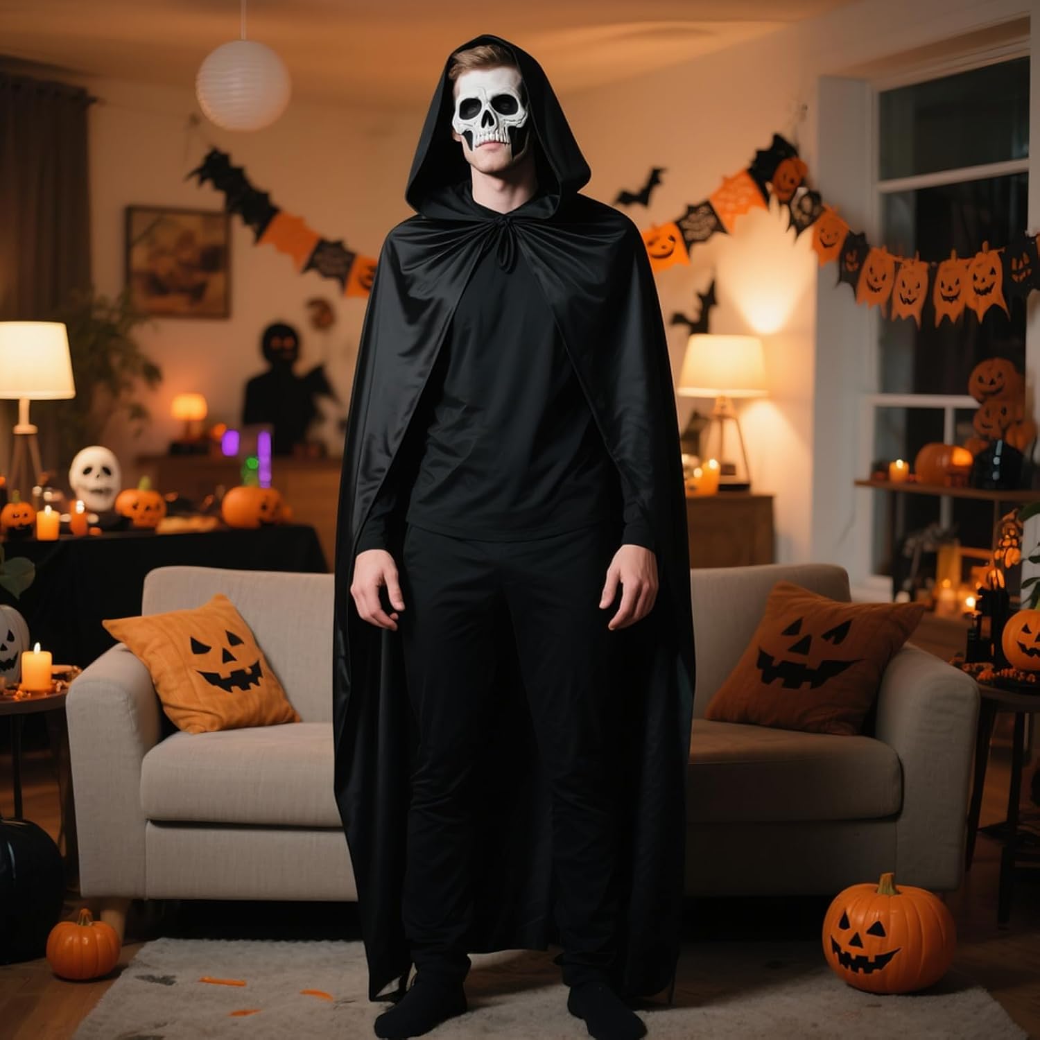 Evankin Unisex Black Hooded Cape, 59Inch Halloween Cloak for Men Women Adult, Witch Vampires Cosplay Party Costumes