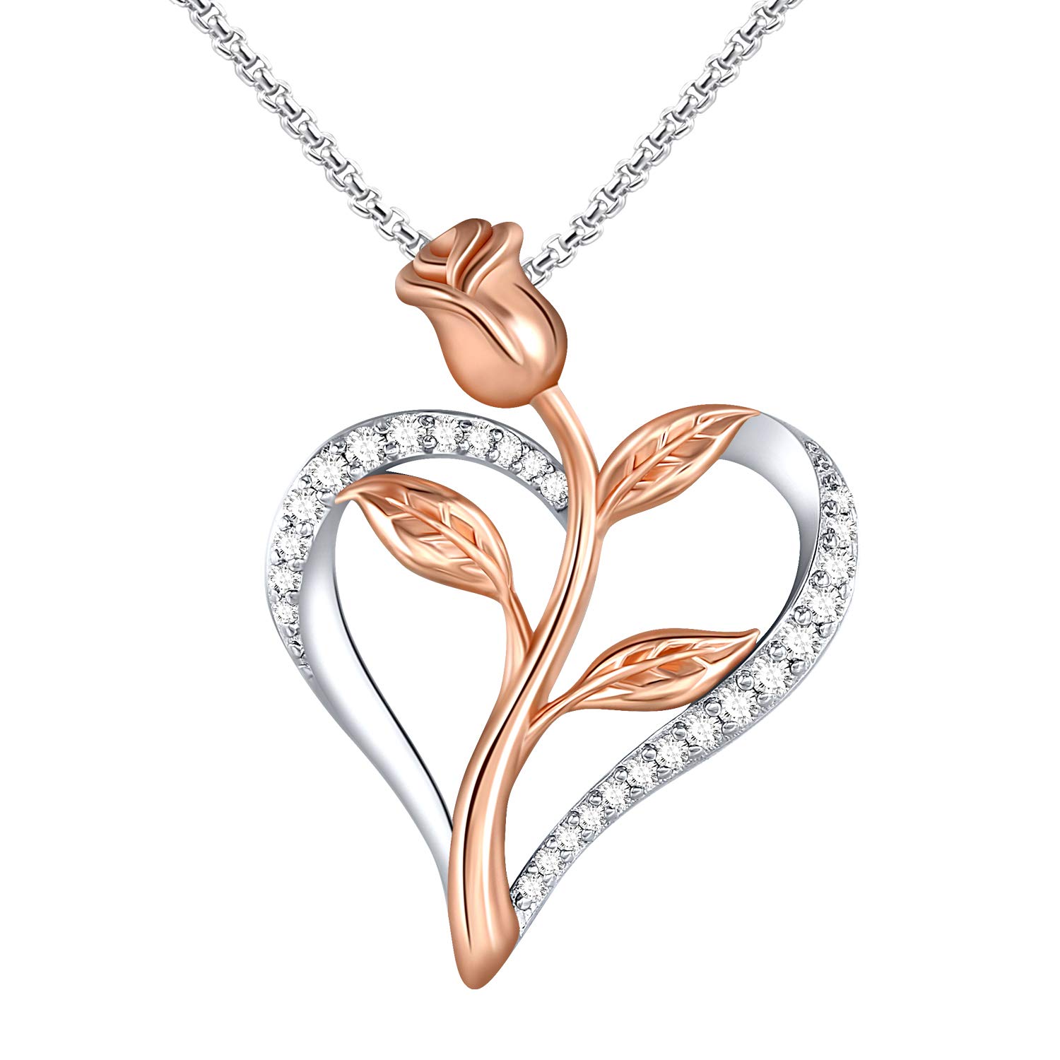 SNZM Heart Rose Necklace for Women Cubic Zirconia Love Pendant Necklace, Rose Pendant with Jewelry Box Birthday Gifts for Mom Wife Mothers Day Gift