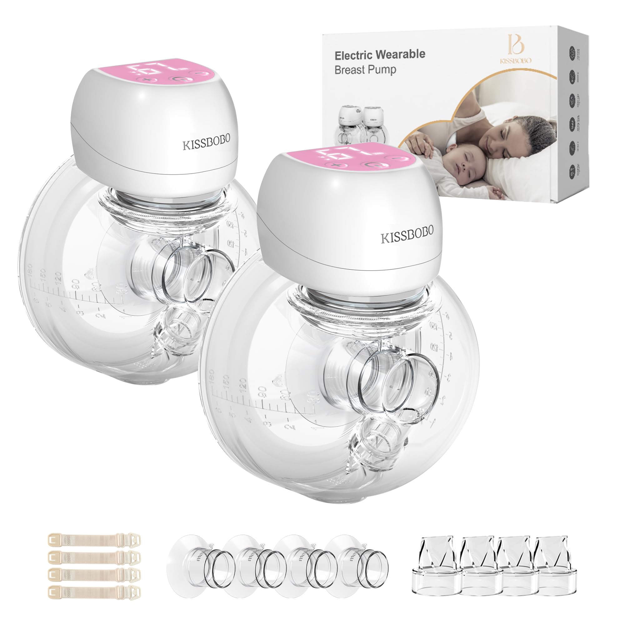 Rivoluzionario Tiralatte Elettrico 193g, KISSBOBO Tiralatte Elettrico Indossabile Con 3 Modalità 9 Livelli, Comfort Ottimale Con Timer 21 mm/24 mm(Rosa/2 pezzos)