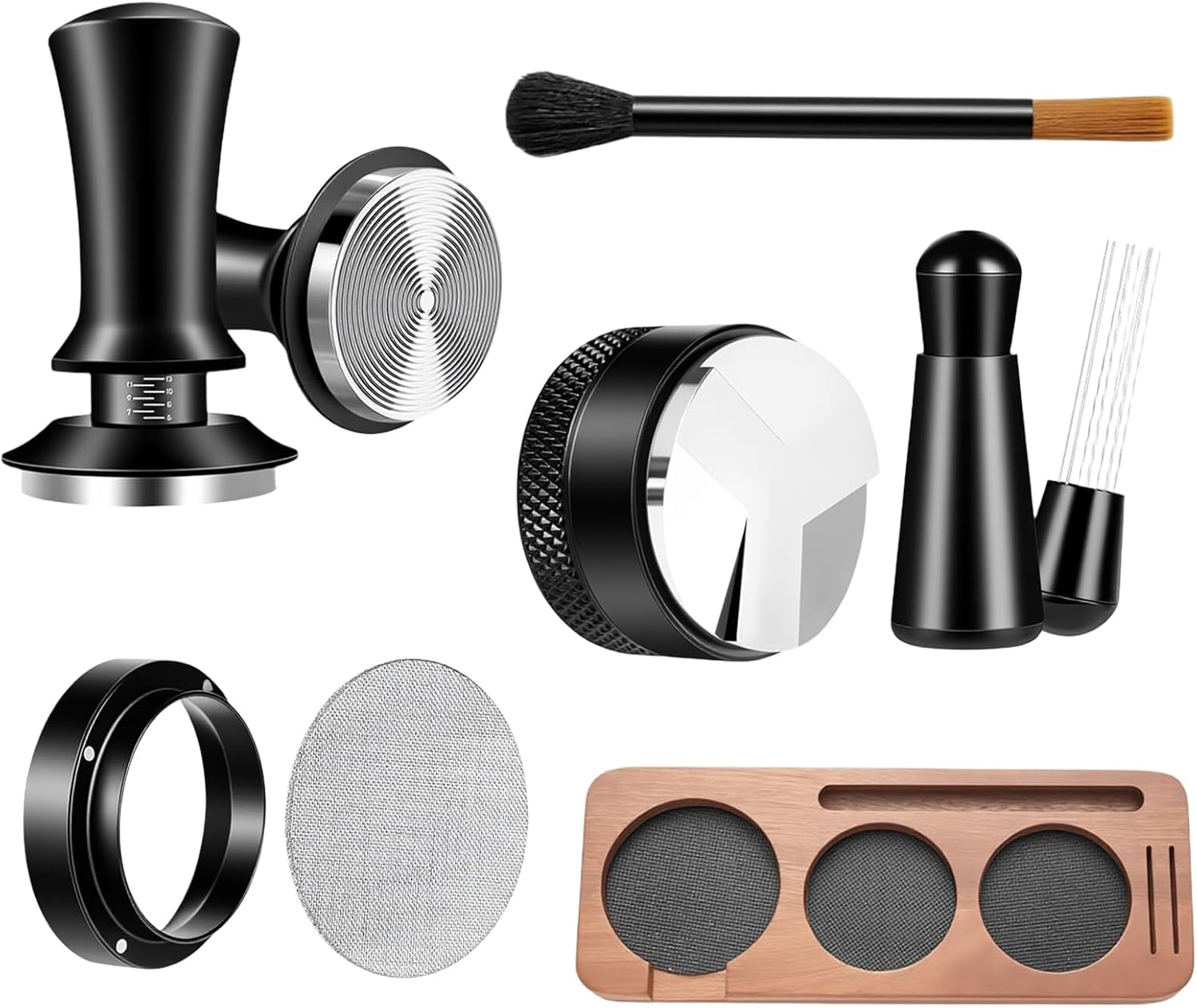 7 Pcs 51mm Espresso Tamper Tools Accessories Kit for Coffee WDT Tool Accessories Set Coffee Tamper Set with Wood Espresso Tamping Station Distributor Dosing Funnel Stirrer Brush Puck Screen -51mm