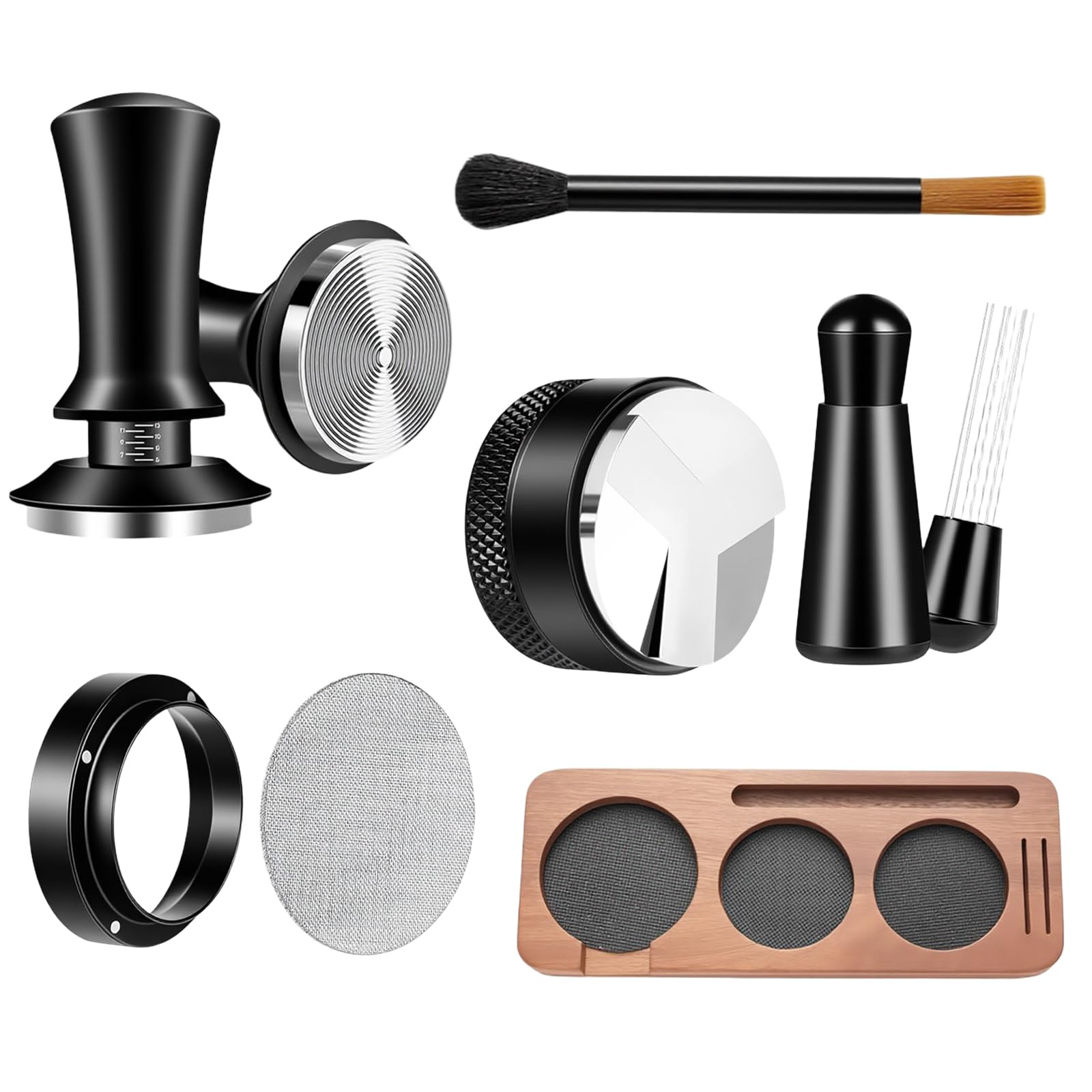 Photo 1 of 7 Pcs 51mm Espresso Tamper Tools Accessories Kit for Coffee WDT Tool Accessories Set Coffee Tamper Set with Wood Espresso Tamping Station Distributor Dosing Funnel Stirrer Brush Puck Screen -51mm