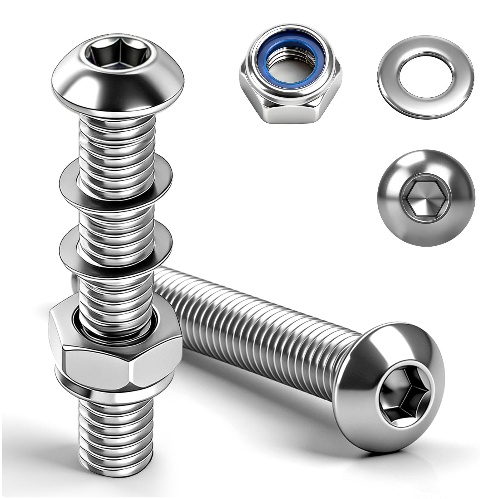 TXXATX M8x40 mm Nuts and Bolts Set 8 Sets M8 Bolts with M8 Nuts and Washers 304 Stainless Steel Button Head Allen Screws Fully Threaded Hex Socket Head Cap Screws for Connecting Fastening Mounting