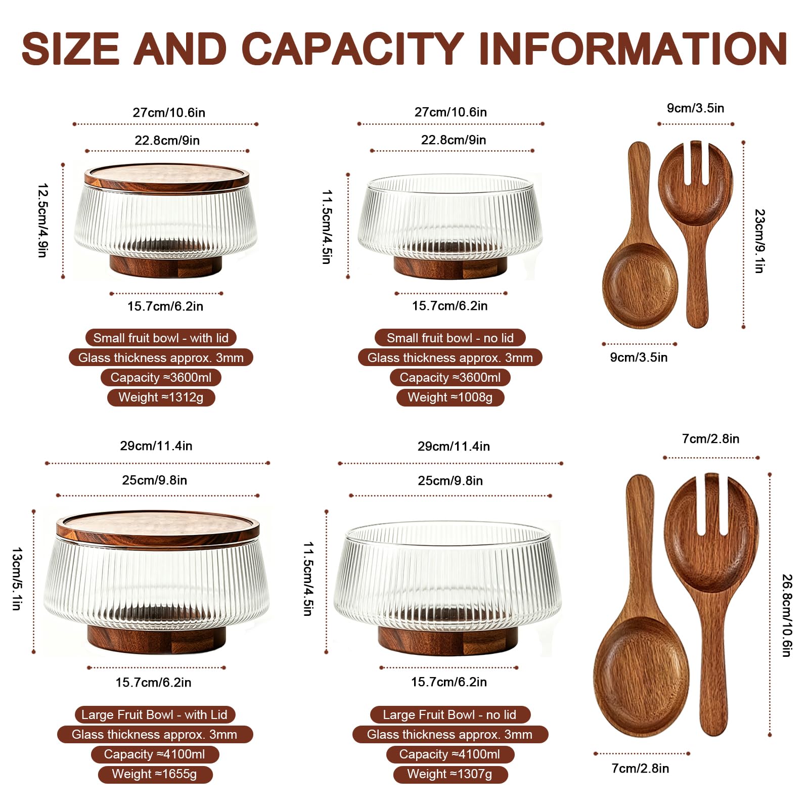 Juego de cuencos de ensalada de vidrio con cucharas mezcladoras y tenedor, base de madera para una mayor estabilidad, diseño de gran capacidad para cocina y fiestas, patrón de rayas, sin tapa