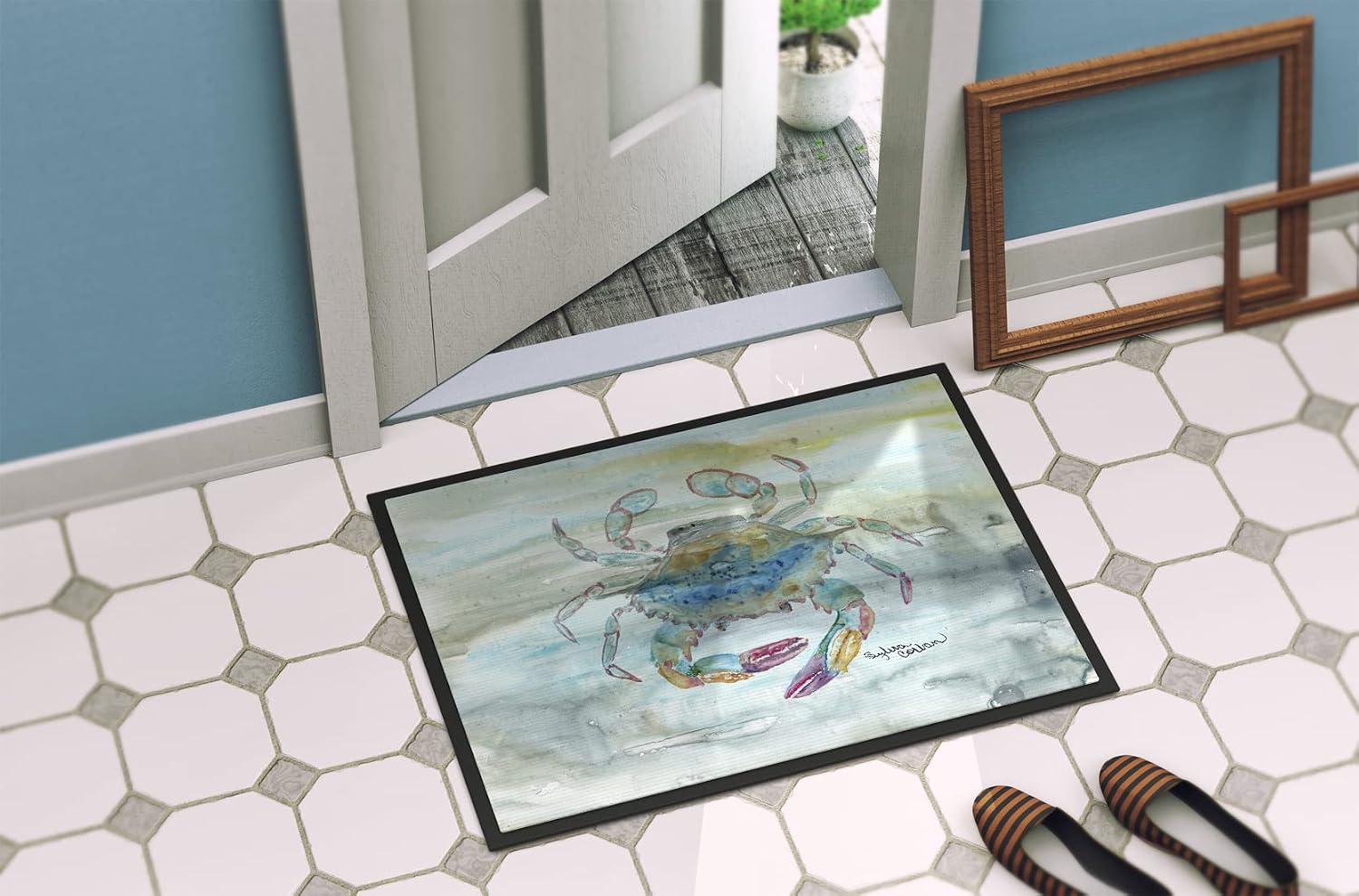 Caroline's Treasures SC2005JMAT Female Blue Crab Watercolor Doormat 24x36 Front Door Mat Indoor Outdoor Rugs for Entryway, Non Slip Washable Low Pile, 24H X 36W