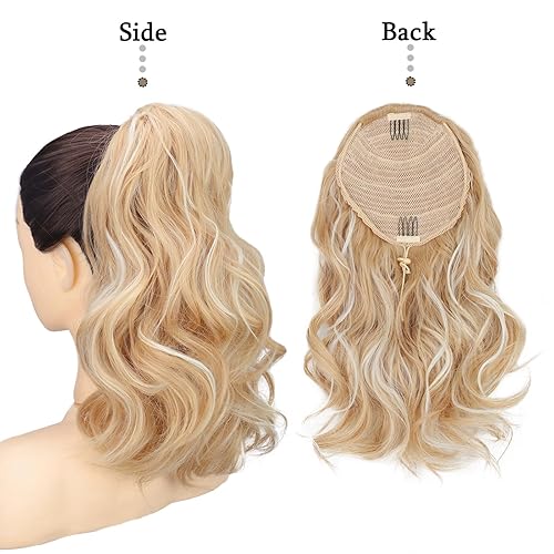 Miniatura 6 de AISI BEAUTY Extensión de cola de caballo corta rubia de 14 pulgadas sintética ondulada con cordón para mujer, cola de caballo falsa rubia con clip