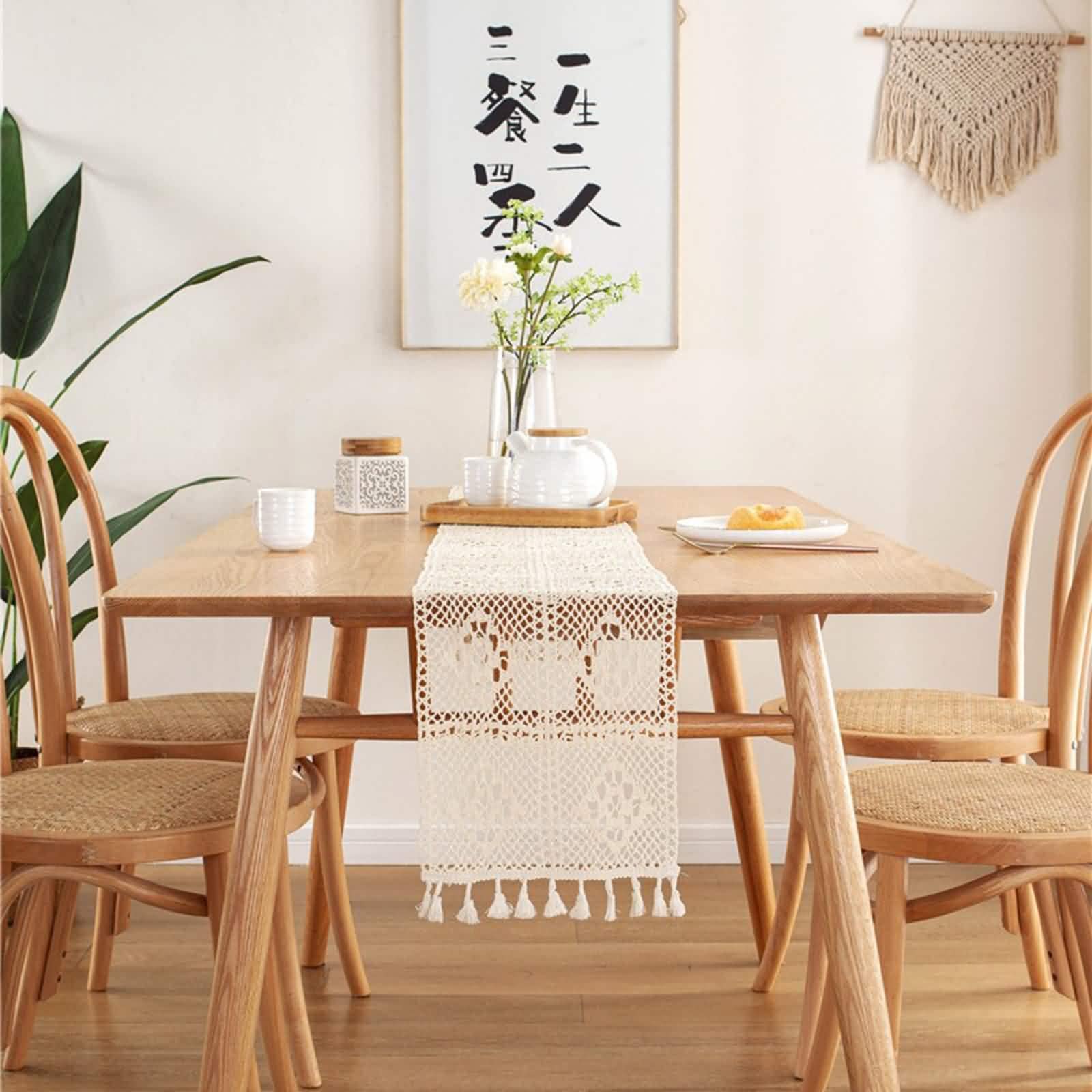 Tischläufer Edel, Tischläufer Beige Creme Modern 24x350CM Hohles Gitter Baumwolle Table Runner Tischdeko Wohnzimmer Küche Hochzeiten