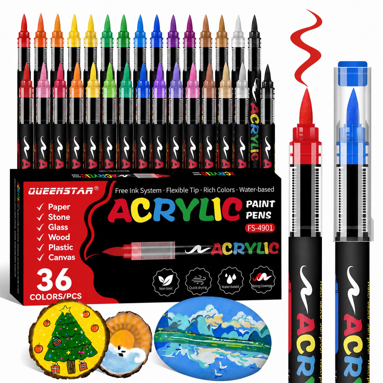 Acrylic Paint Markers Brush Tip, Vivid Colors with Direct-Liquid Ink System, Professional-Grade Paint Pen for Rock Painting, Canvas, Glass, Plastic, Fabric & Creative Crafts (36 Piece)-image-27