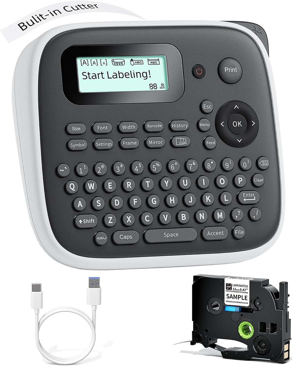D210S Label Maker Machine with Tape-12mm Portable Labeler School | Label Maker Waterproof Labels, Desktop Keyboard Labeler Multiple Symbols for Home, Office Small Business Kids Teachers Use