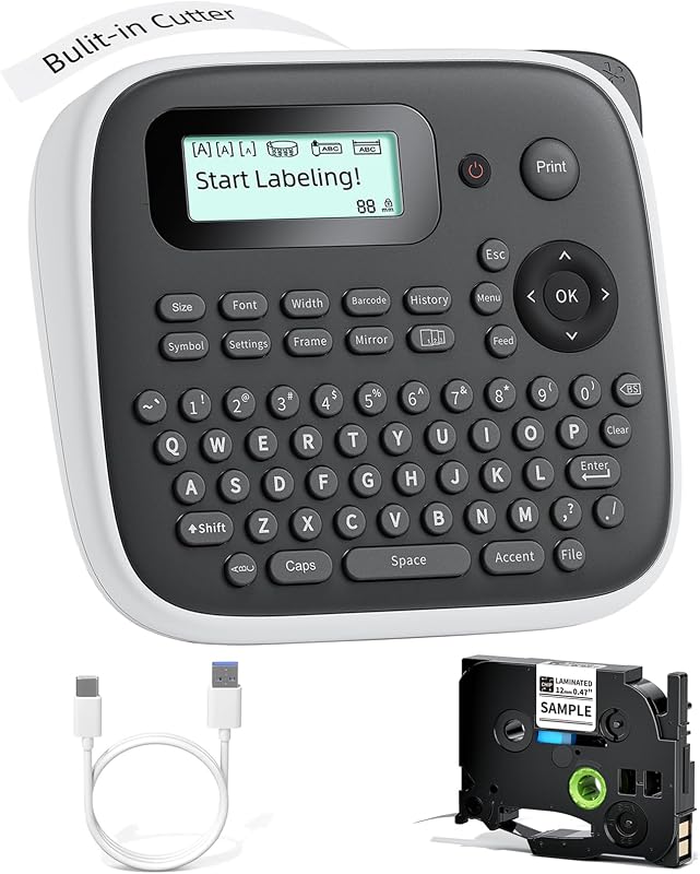 D210S Label Maker Machine with Tape-12mm Portable Labeler School | Label Maker Waterproof Labels, Desktop Keyboard Labeler Multiple Symbols for Home, Office Small Business Kids Teachers Use