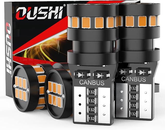 W5W LED Bulb, OUSHI Canbus Error Free T10 501 194 168 2825 12V-24V Super Bright Replacement Bulbs for Car Interior Dome Map Door Courtesy License Plate Lights, Amber Yellow(Pack of 4)