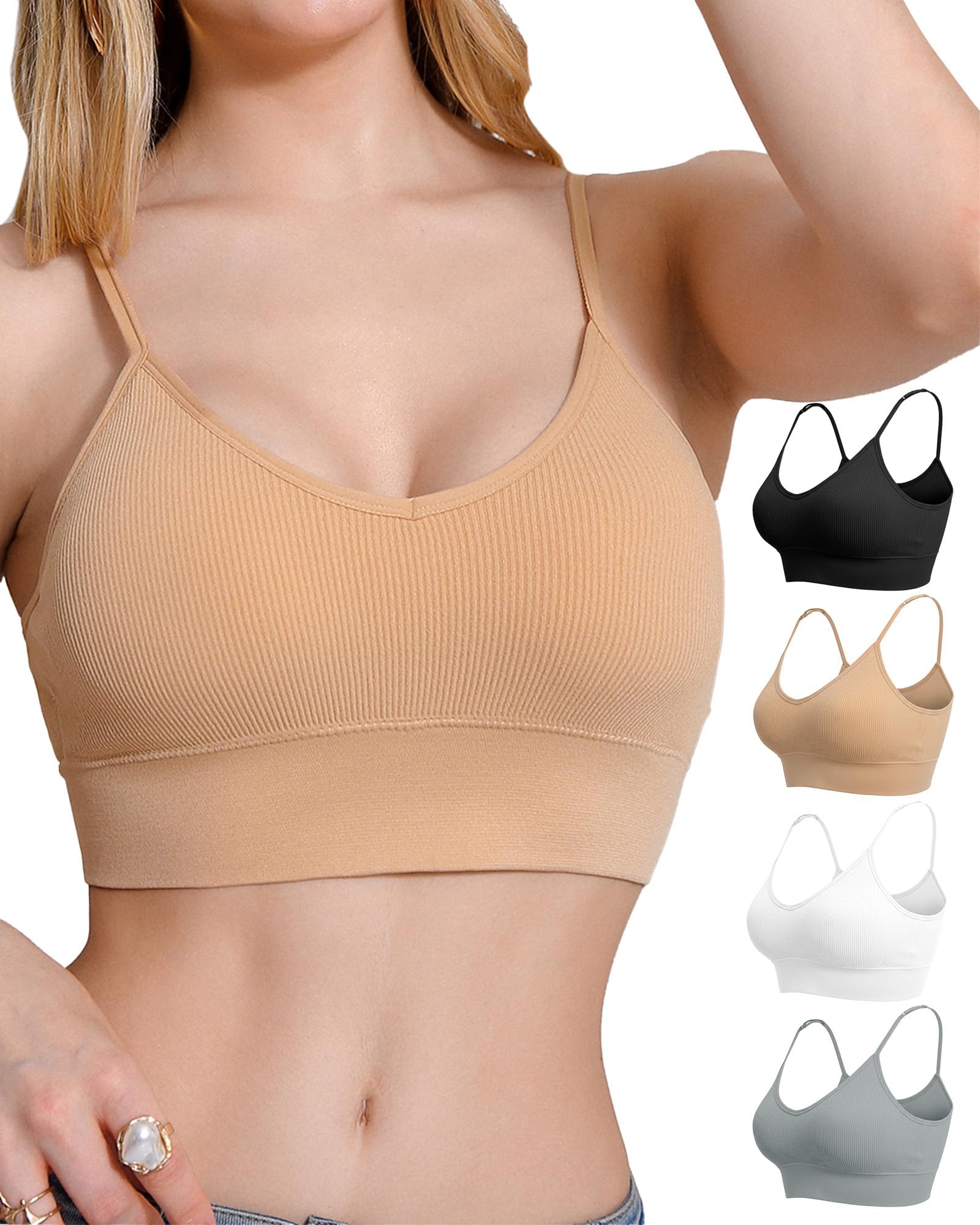 Seamless Bralette with Removable Padded Cups Adjustable Straps– Soft Wireless Support for Yoga, Low Back Bra Sleep Bras