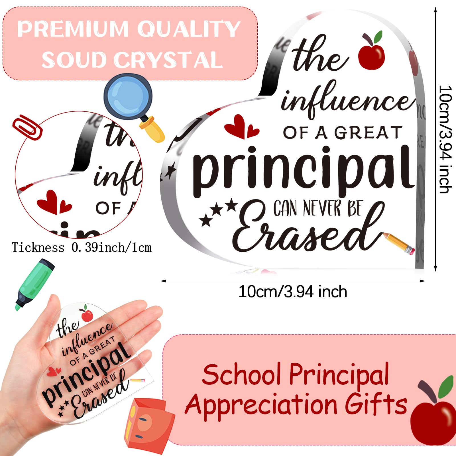 Yousoontic School Principal Appreciation Gifts for Men Women Clear Heart Acrylic Sign for Principal Holiday Present School Retirement Farewell Birthday Graduation Gifts(Influence)