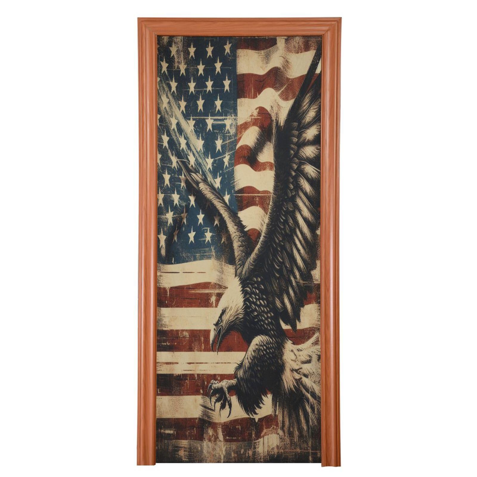 FLildon Vintage American Flag Eagle Door Cover Decoration, 4th of July Party Accessory Porch Decor for Festive Ornament Room Door Covers 35 x 79 Inch