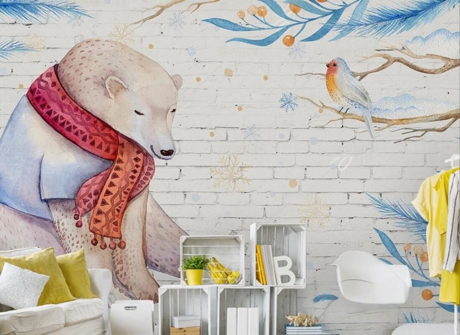 Papier peint panoramique enfant 3d blanc mur briques dessin animé ours