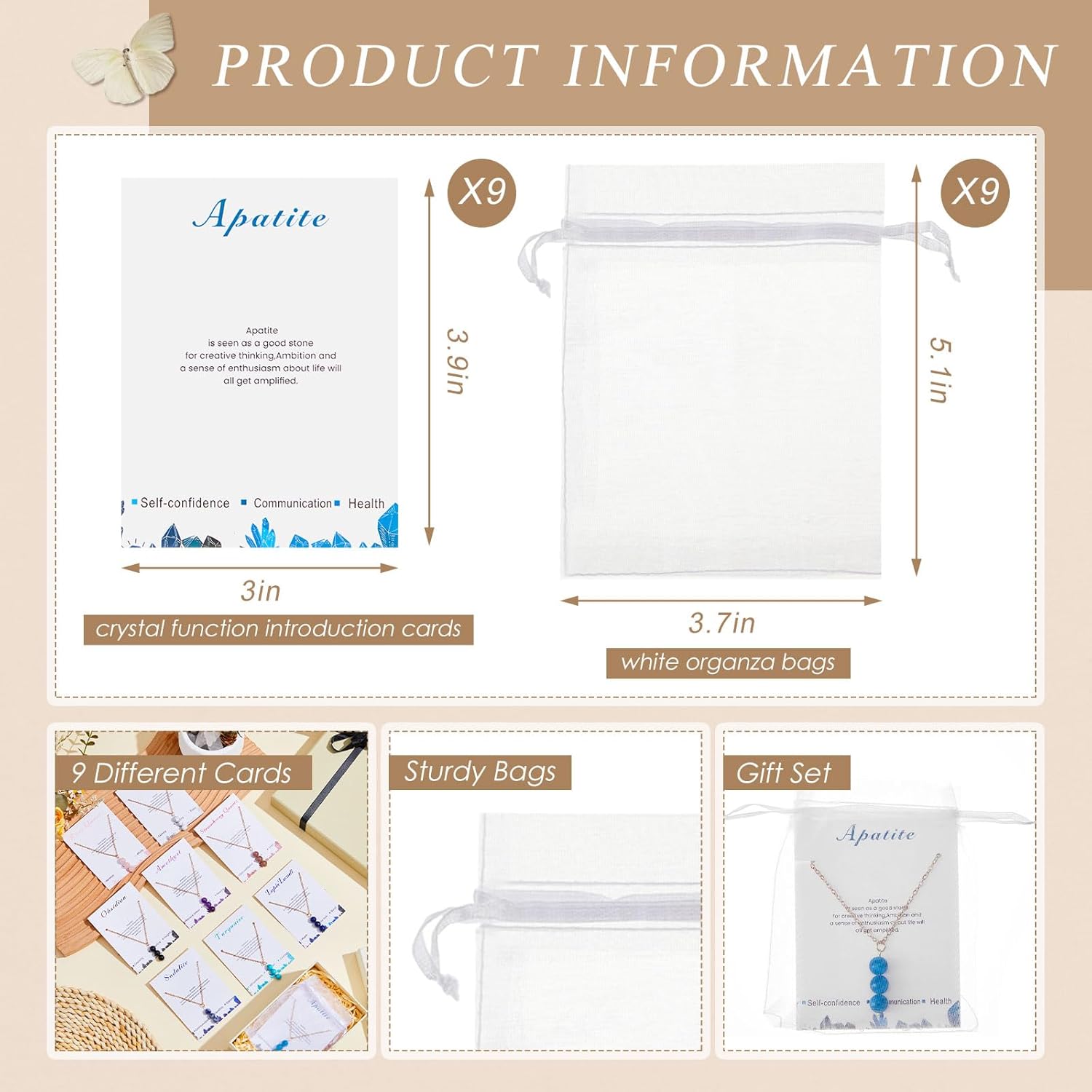 Tondiamo 9 Set Christmas Healing Crystal Necklace Gift for Women Gemstone Spiritual Crystal Pendant Necklace with Card and Organza Bag Good Luck Bead Stones Anxiety Relief Birthday Gift - Image 3