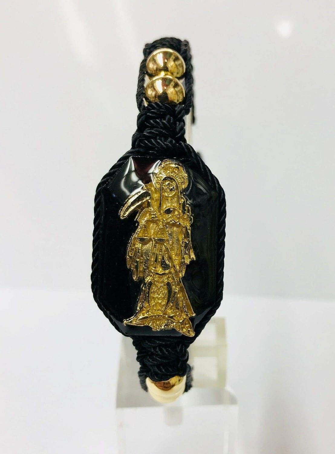 Santuario Jerwelry Holy Death Reaper Bracelet Santa Muerte Blanca bolas de oro laminado