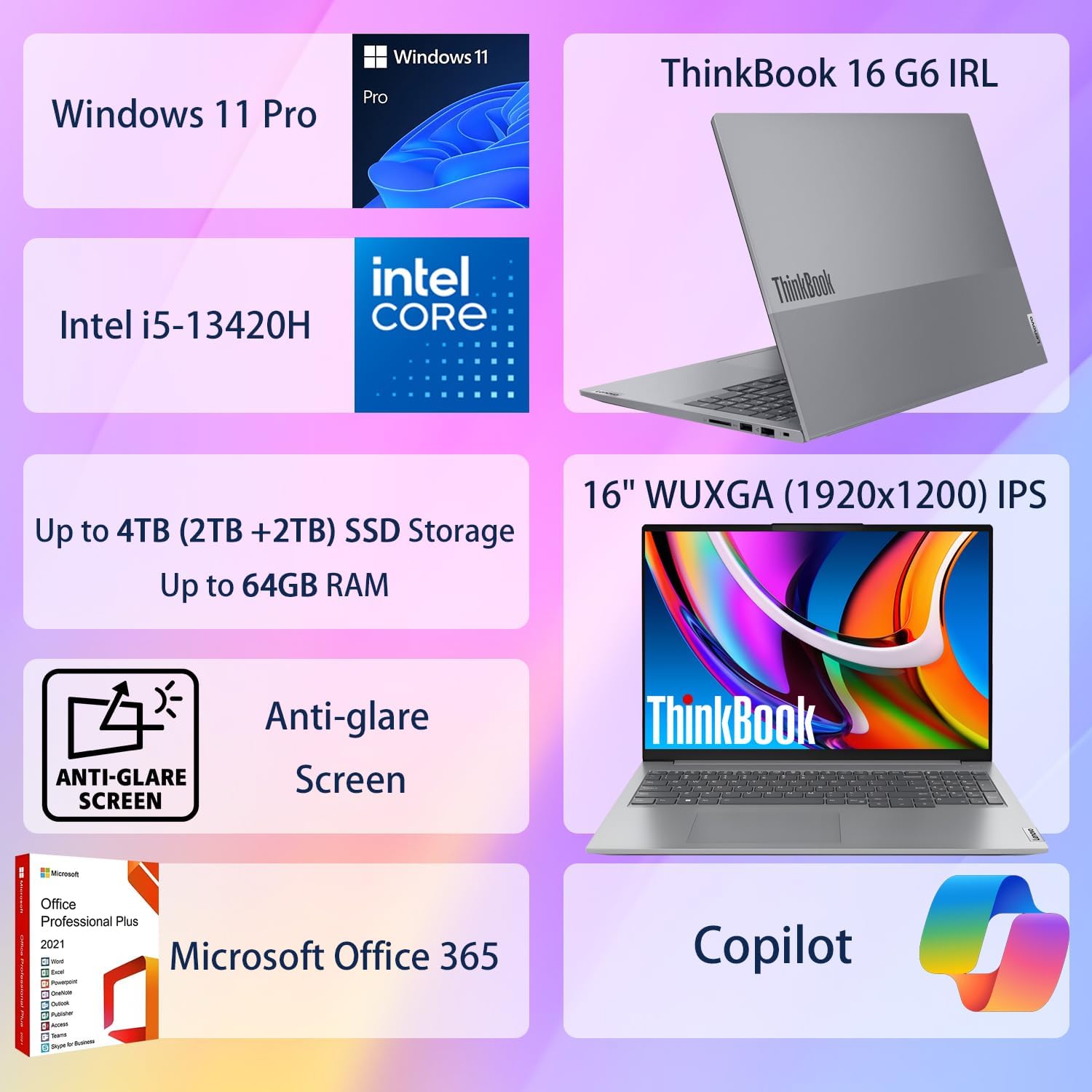 Lenovo ThinkBook 16 G6 Laptop for Business and Student, Microsoft Office Web, 16" WUXGA Anti-Glare Screen, Intel Core i5-13420 (Beat Intel Core i7-1365U), 16GB DDR5 RAM, 256GB SSD, Windows 11 Pro