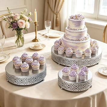 Cake Stand Set of 3 Metal Cupcake Stands Dessert Display Plate for Wedding Party Birthday (3 Pcs, Matte Silver)