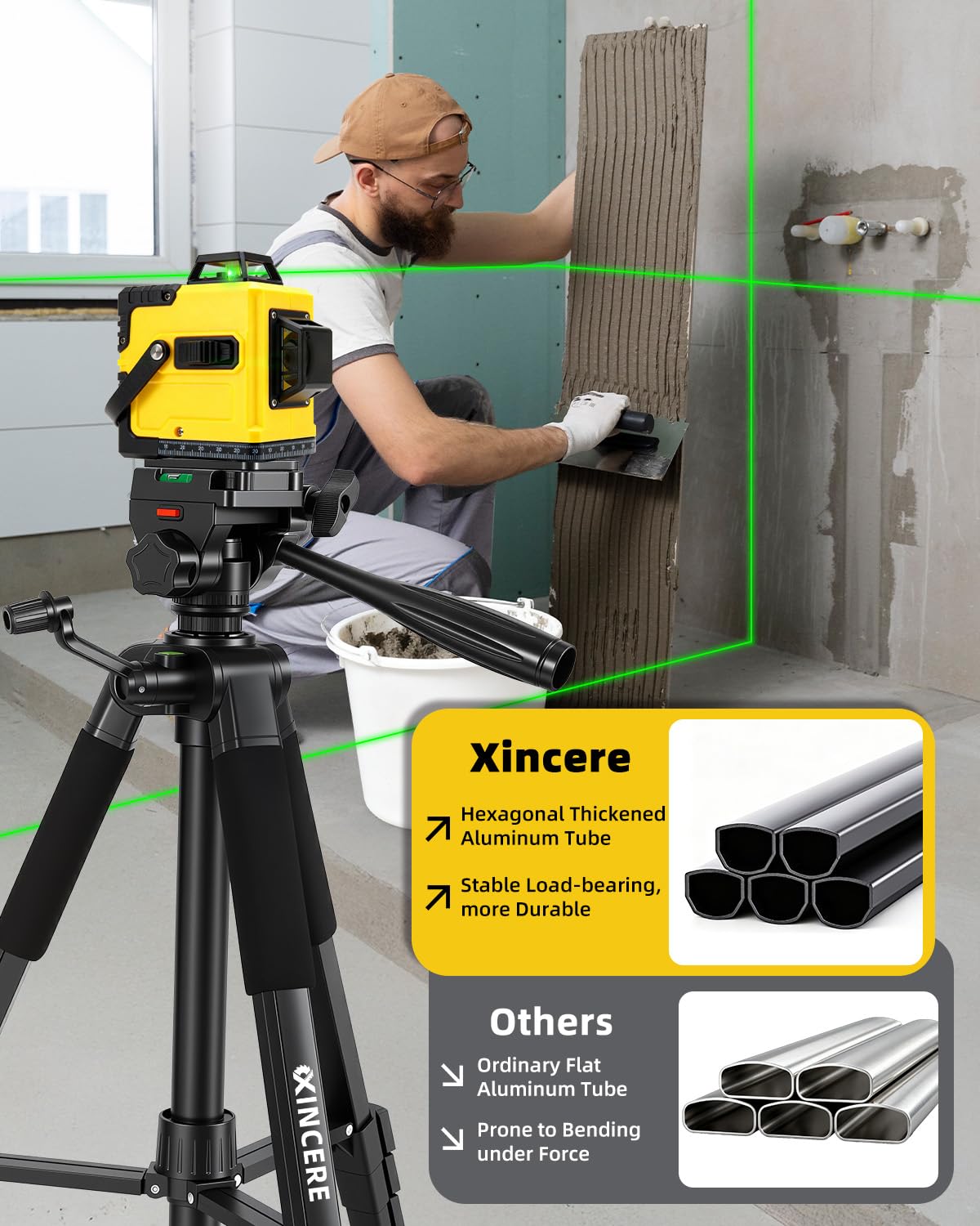 Treppiede in Alluminio 150 cm per Livellatori Laser | 0.8 mm Spessore & Gambe Esagonali | Testa Panoramica 360° | Doppia Filettatura 1/4" & 5/8" | per Laser Linea, a Punto e Professionali
