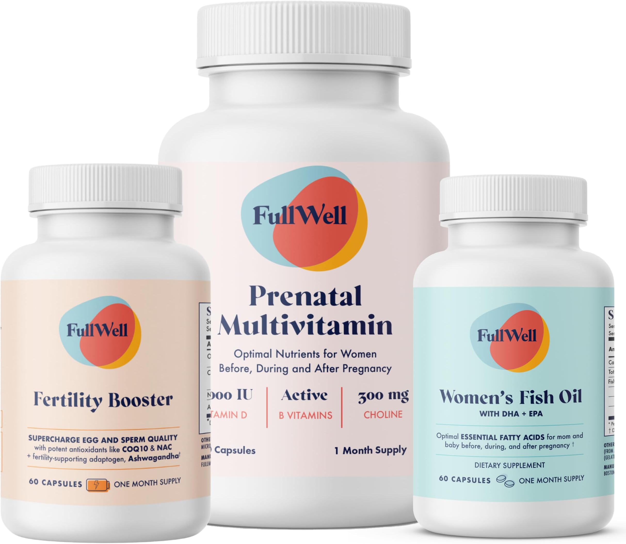 FullWell Women's Fertility Trio - Conception Support for Women - Includes Fertility Booster, Prenatal Multivitamin & Fish Oil - Supports Egg Health - CoQ10 & Ashwagandha - 30 Servings
