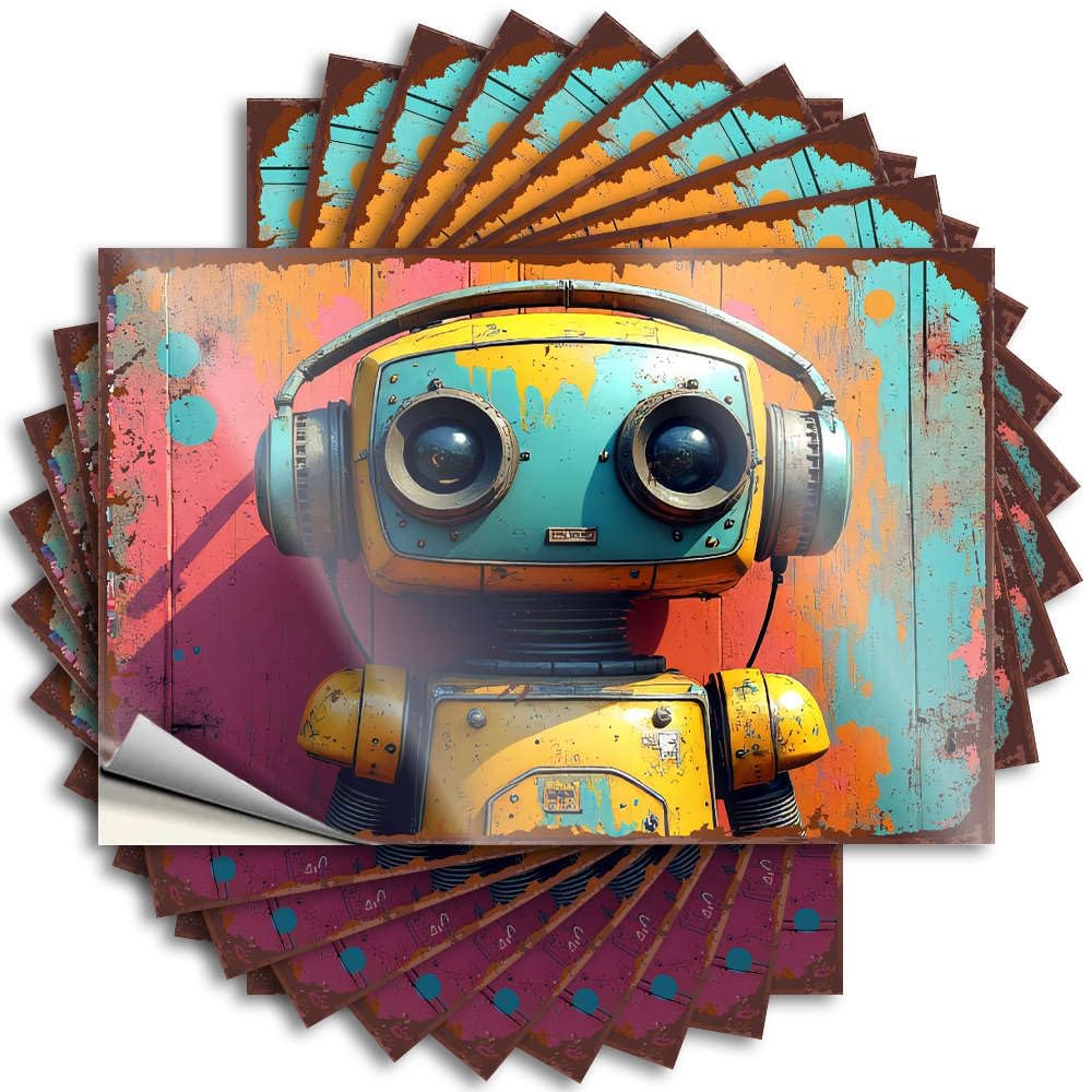 A Colorful, Retro Robot with Large Headphones. Western Country - Quote Cover Removable Vinyl Decal(8X12CM)