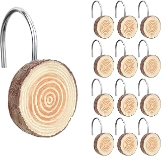 Sunlit Farmhouse Wooden Slices Shower Curtain Hooks, Rustic Home Decorative Shower Curtain Rings for Bathroom, Resin Shower Curtain Hangers Bathroom Accessories, Set of 12, Brown