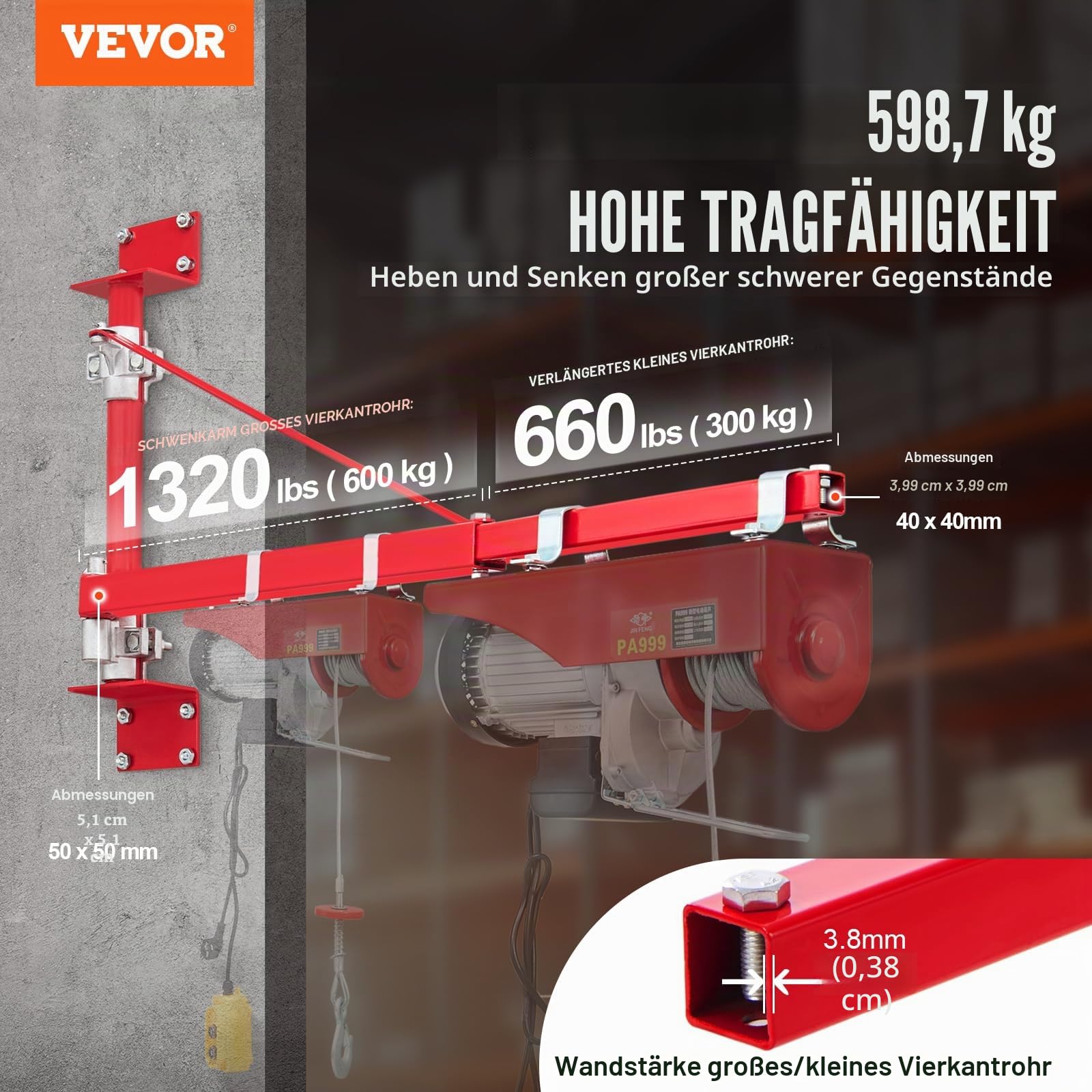 VEVOR Elektrischer Hebezeug-Stützarm 600 kg Tragkraft Schwenkarm aus Stahl 180° schwenkbar für Werkstatt Garage