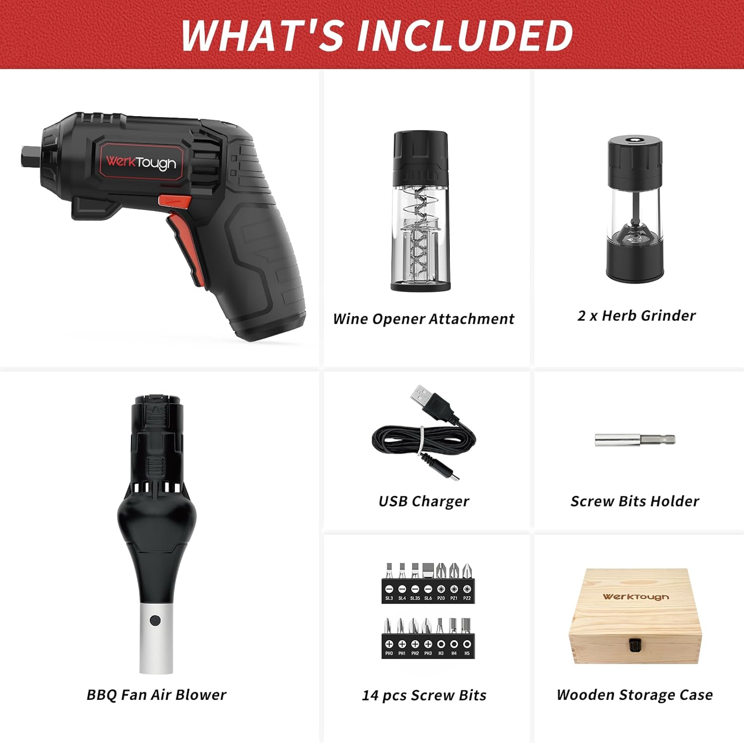 Werktough 4V Electric Corkscrew Wine Opener Set Cordless Screwdriver Battery Powerd with 4 Grill Accessories, Five-in-One Power Tool Kit for Home, Kitchen, and BBQ Lovers