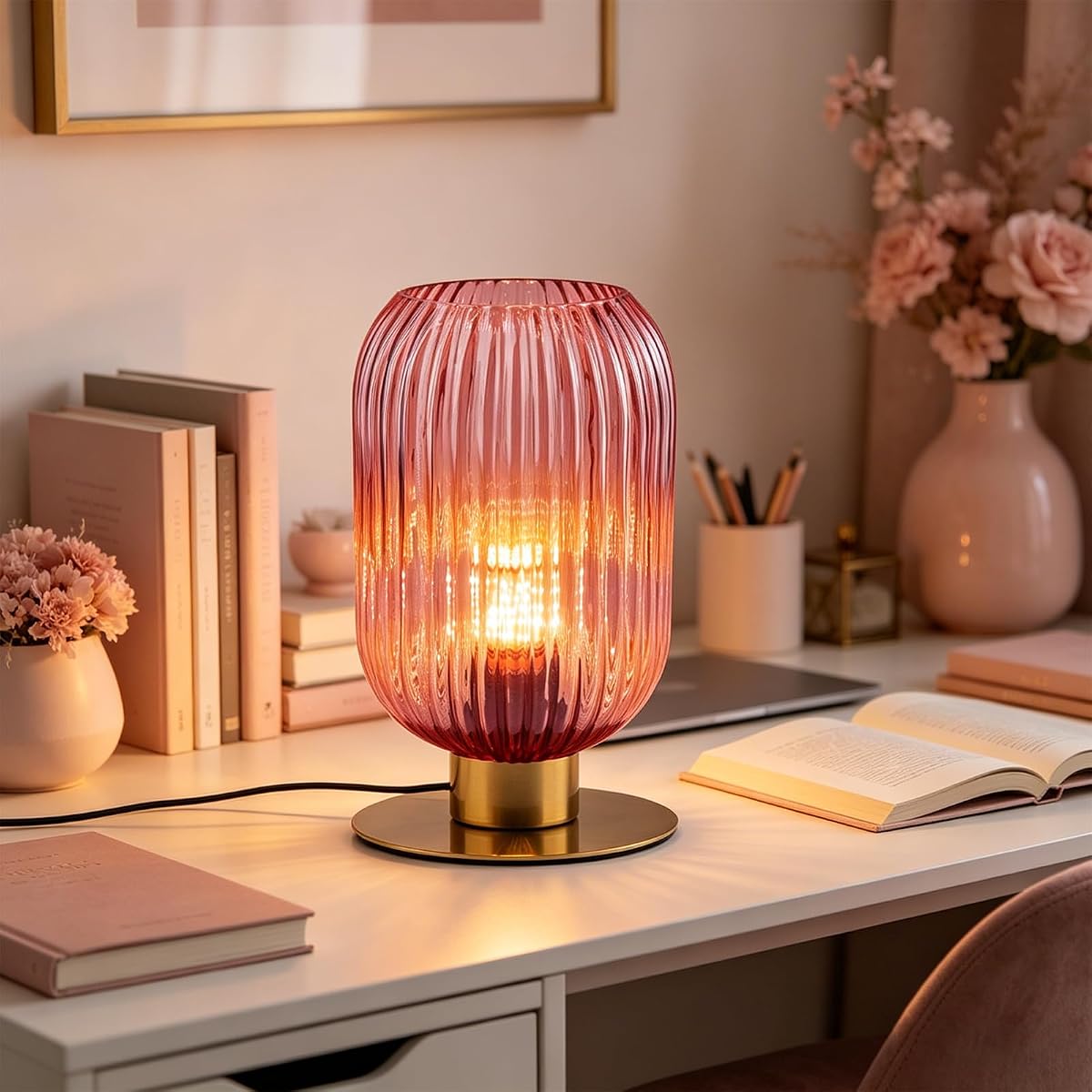 Soutas Girls Room Table Lamp Pink Glass Mid Century Modern Desk Lamp E26 Base