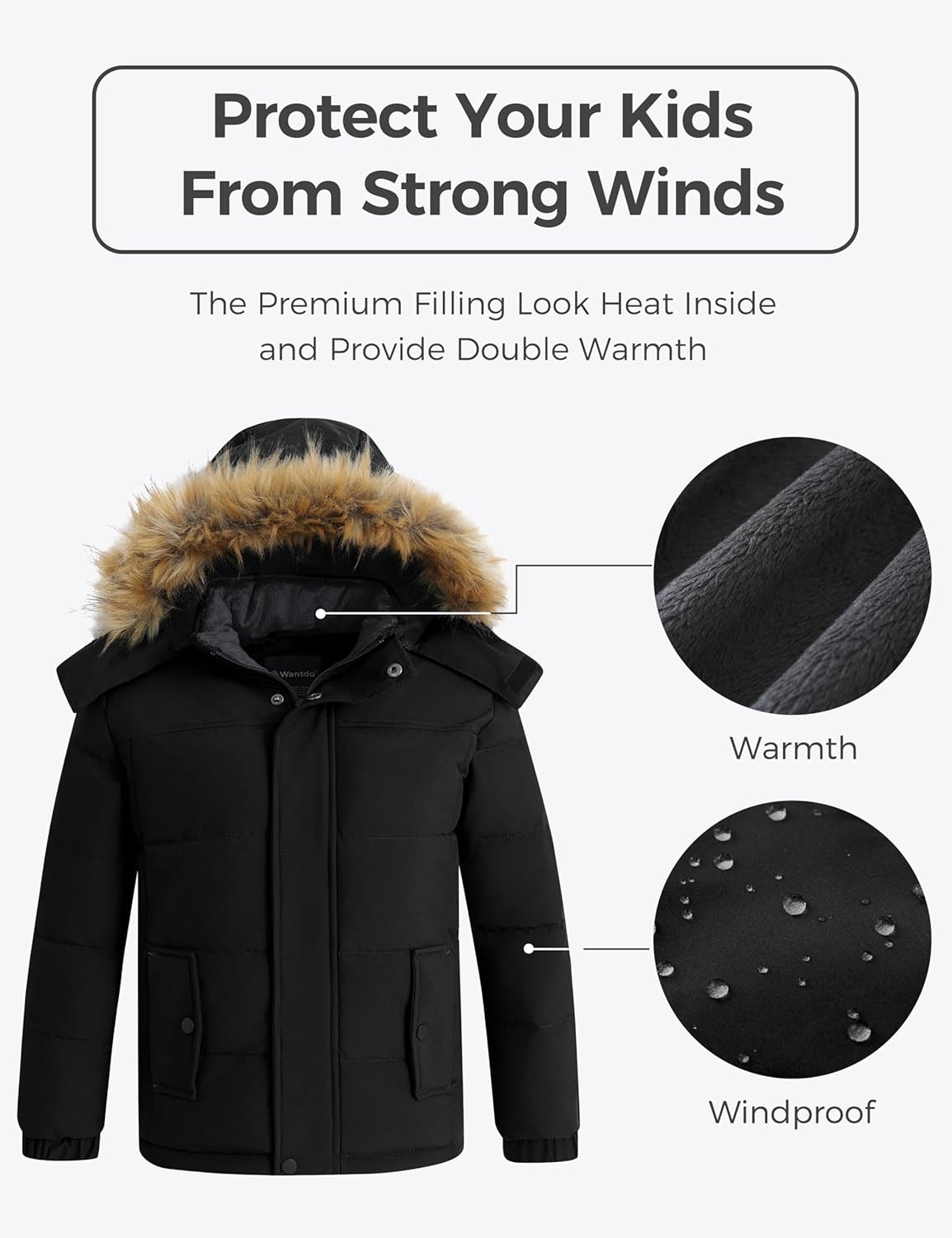 Wantdo Boy's Warm Winter Coat Waterproof Thicken Puffer Jacket with Removable Fur Hood