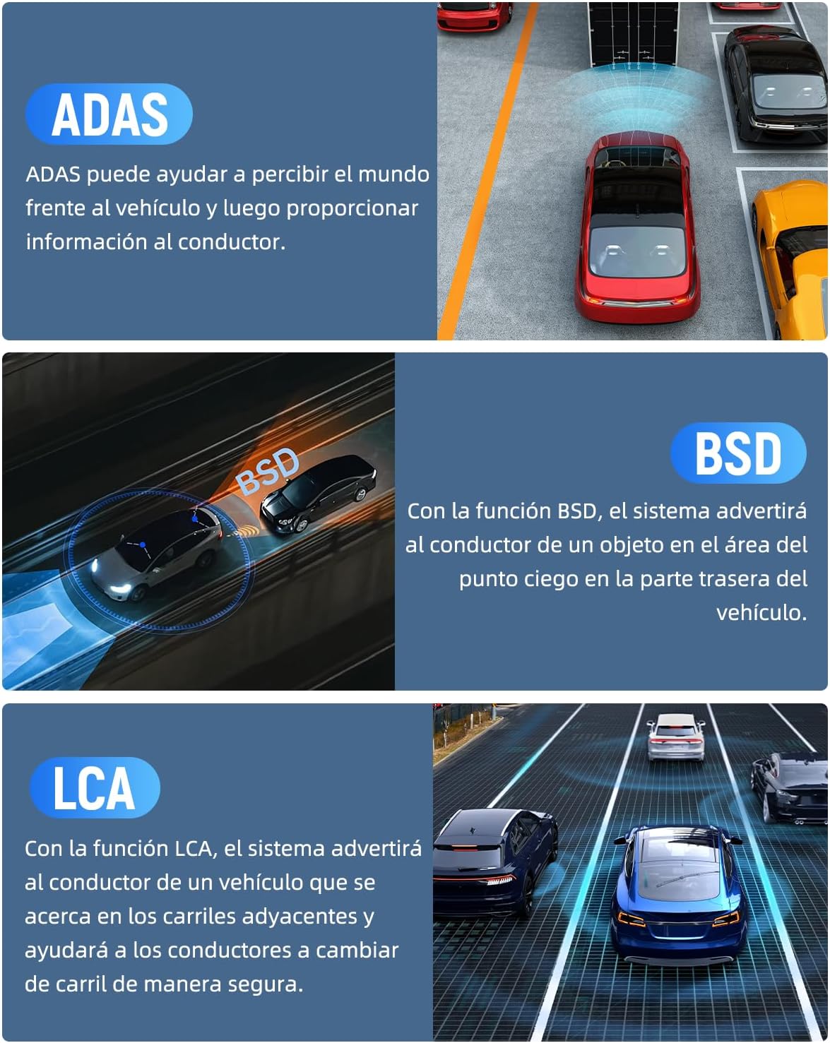 Illustrations of ADAS, BSD, and LCA features in action.
