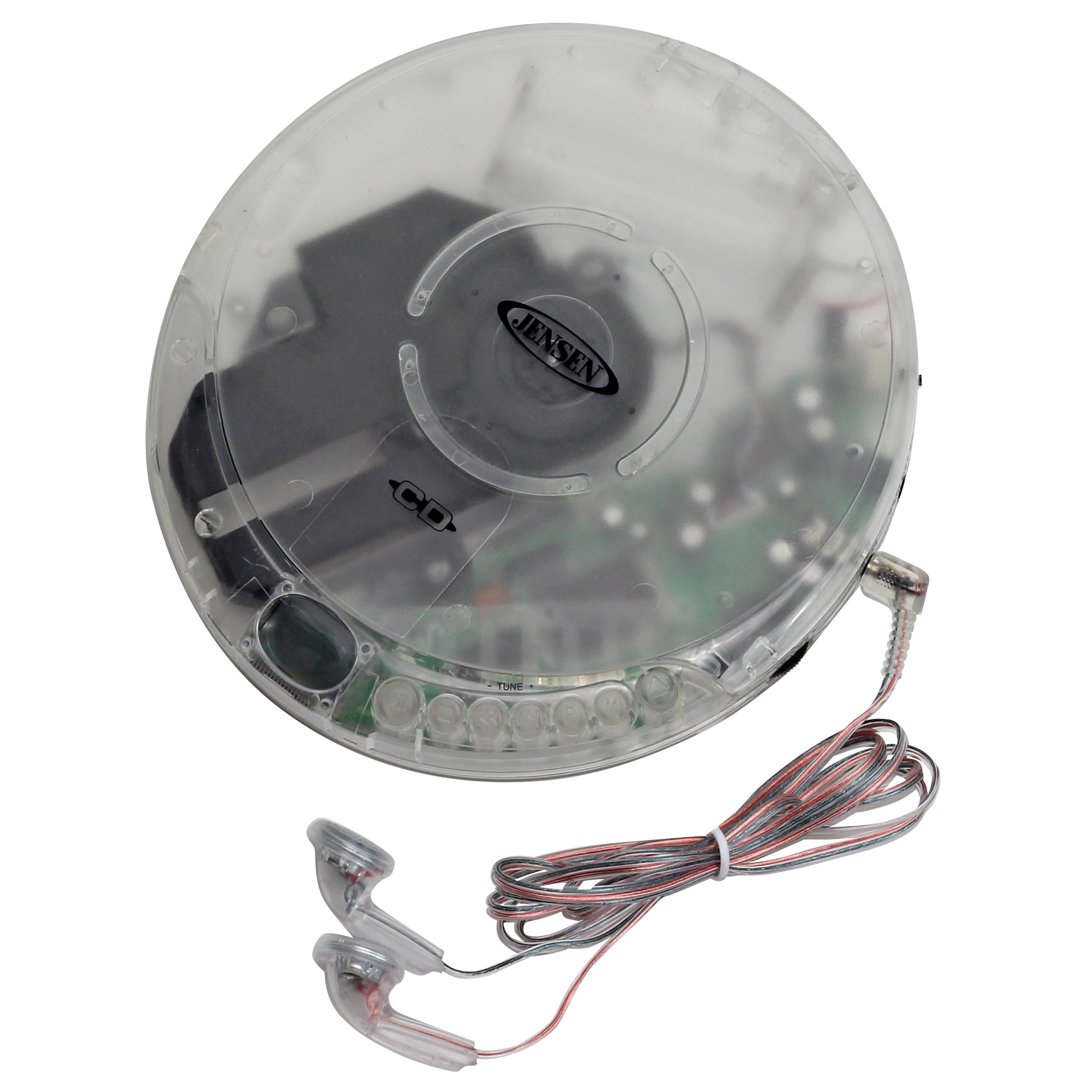 Jensen® CD-60RT Retro Personal Portable CD Player Transparent Clear, FM Radio, 60 - Second Anti Skip, Bass Boost, Earbuds Included