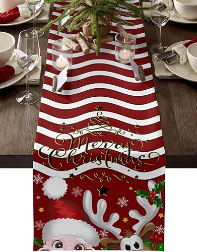 Christmas Table Runner-Cotton Linen- 60 Inch Holiday Dresser Scarves, Red Cartoon Elk Santa Claus Stripes Tablerunner for Kitchen CoffeeDining