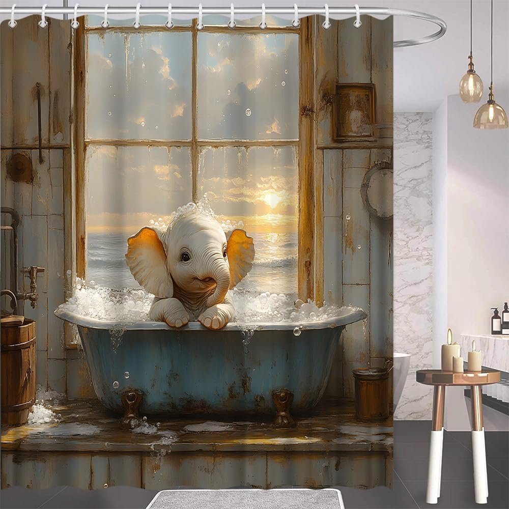 Cute Elephant Shower Curtain Funny Lovely Animal Nursery Bubbles in Bathtub Farmhouse Bathroom Polyester Curtains Set with Hooks 75x70 Inch