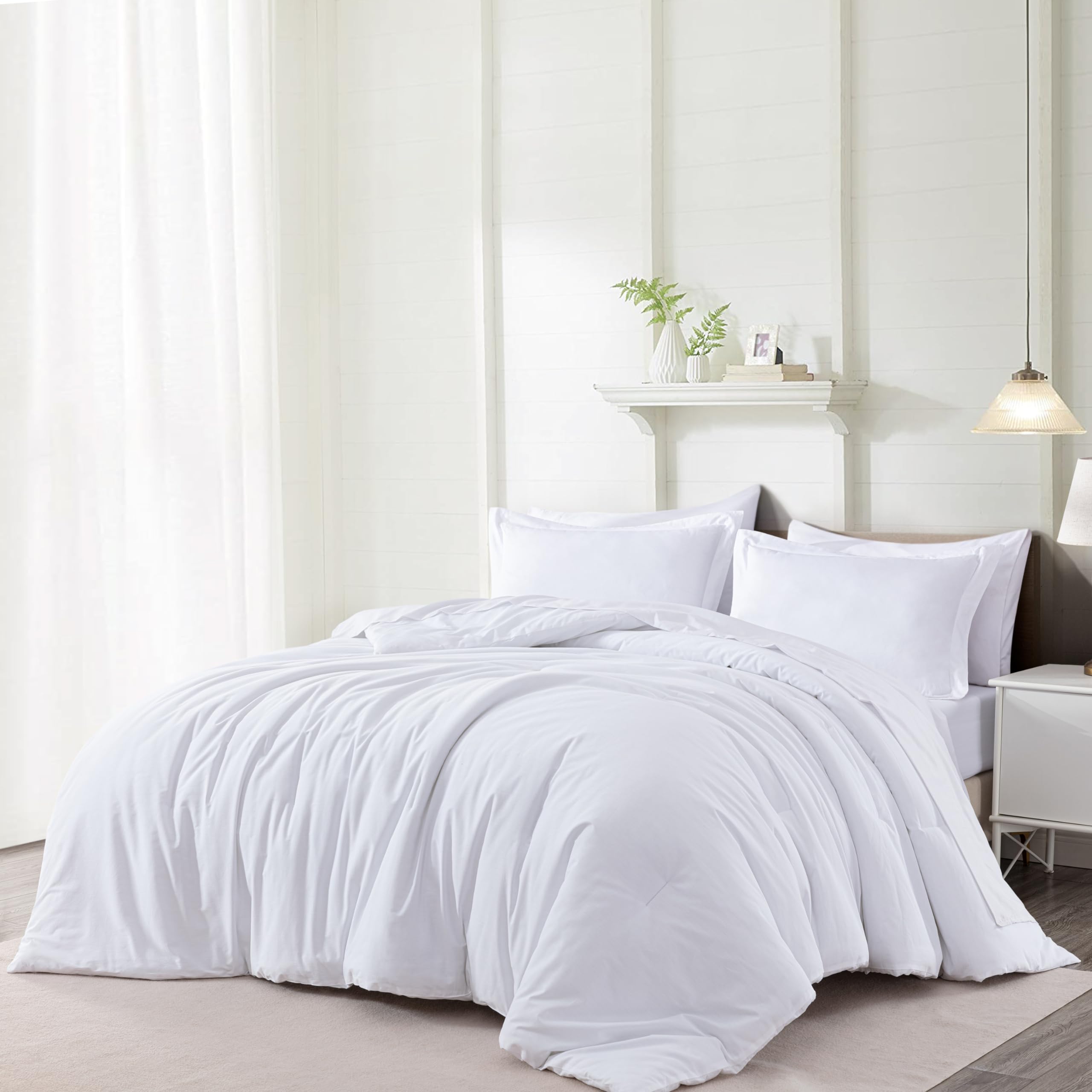Chezmoi CollectionSolid White Cotton Comforter Set Queen Size, 3-Piece Luxury Soft Breathable Smooth Cooling 250TC Cotton Twill Lightweight Bedding Comforter for All Season