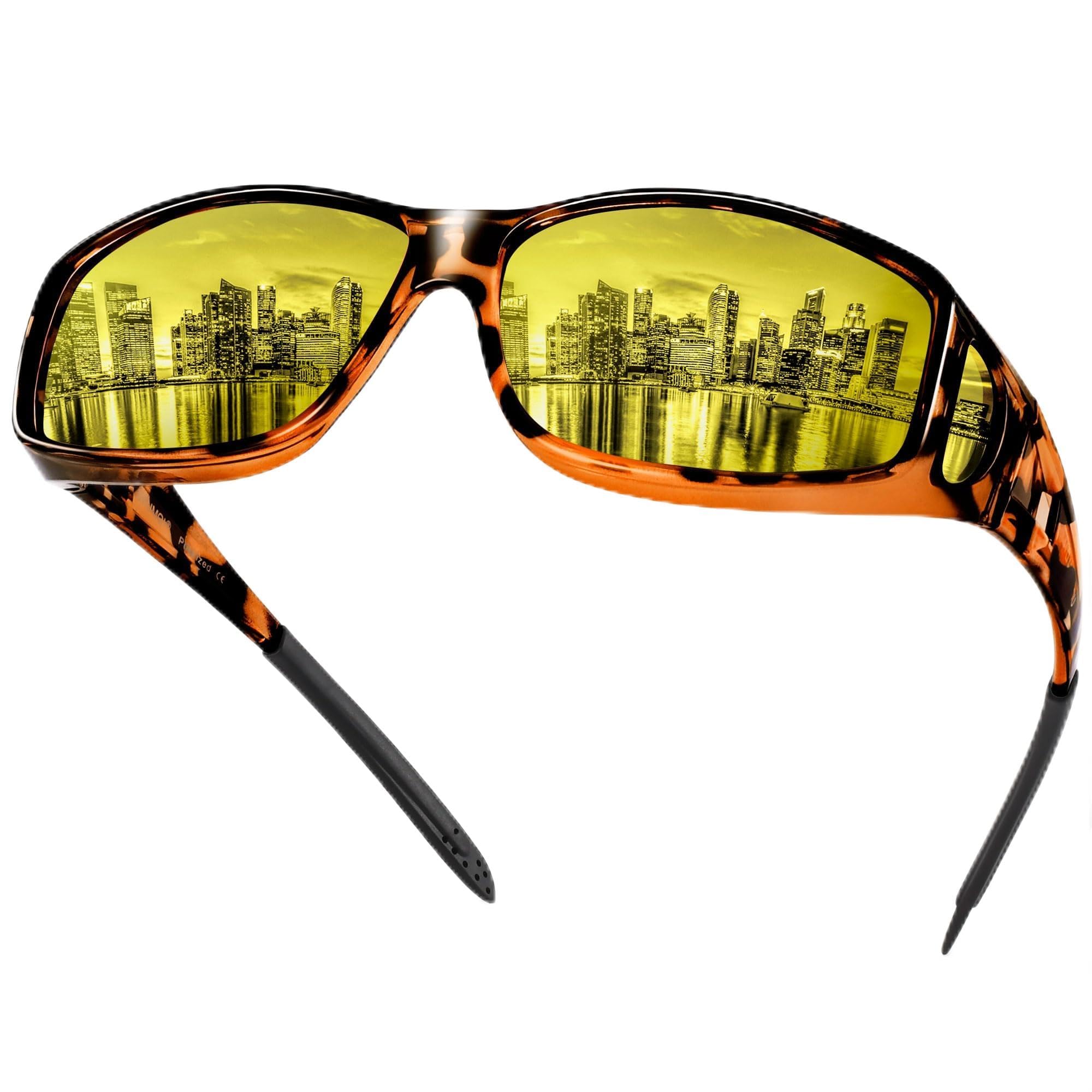 URUMQI Anti Glare Night Driving Glasses Fit Over Eyeglasses for Men Women, Polarized Nighttime Glasses HD Vision Yellow Lens