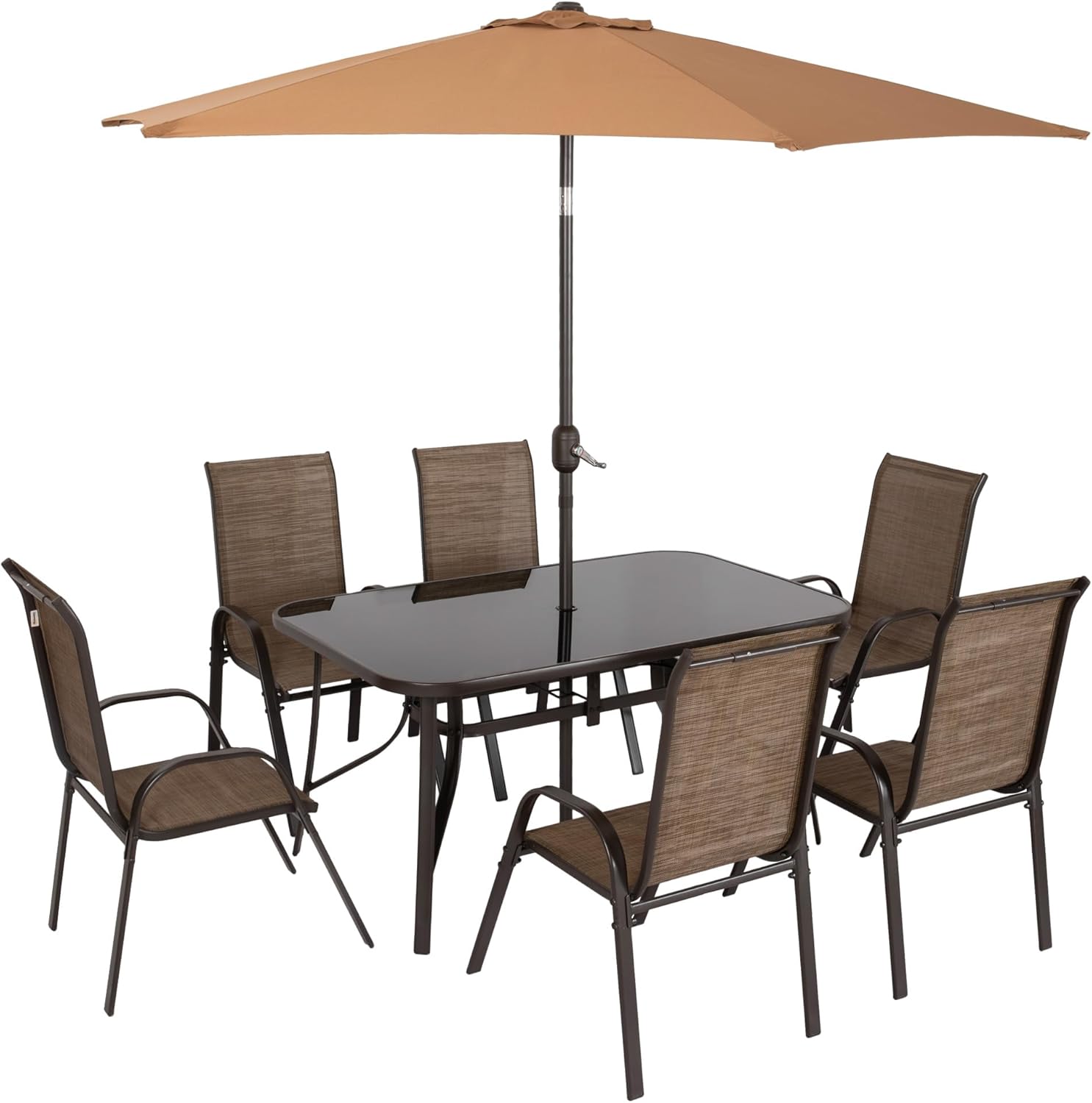 Outsunny 8 Pieces Patio Table and Chairs Set with 9 Ft Patio Umbrella, Outdoor Dining Set with 4.6 Ft Dining Table and 6 Chairs, Push Button Tilt and Crank Parasol, Tempered Glass Top, Mixed Brown