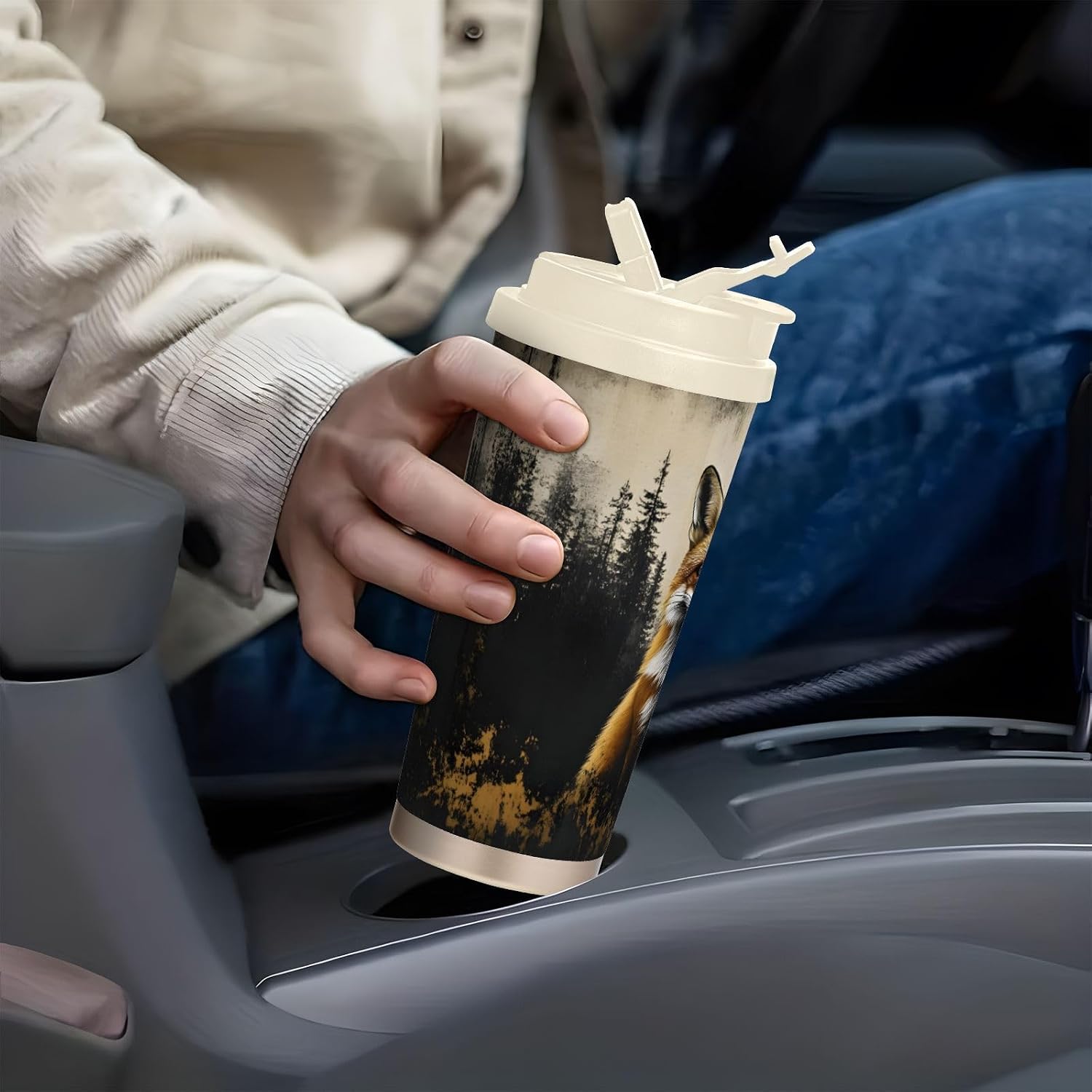 Insulated Coffee Mug Fox Gothic Forest with Straw & Flip Lid, 16.9oz Iced Tumbler Cup, Double Wall Vacuum Mug for Travel Office Camping