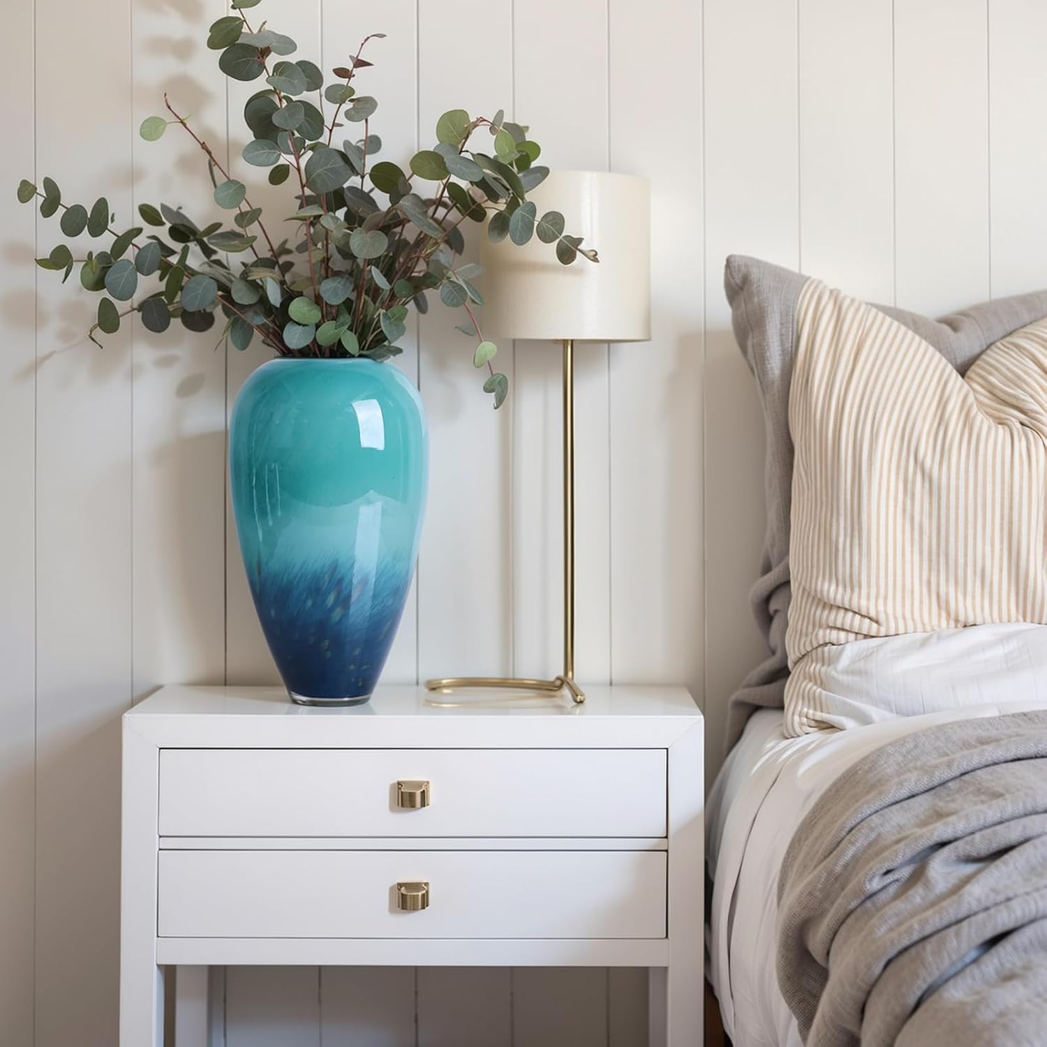 Teal Glass Vase – 11" Hand Blown Glass Vase for Teal Home Decor Accents, Wide Mouth Turquoise Vases Home Decor for Centerpieces, Dining Table, Bookshelf, Bathroom or Living Room Display