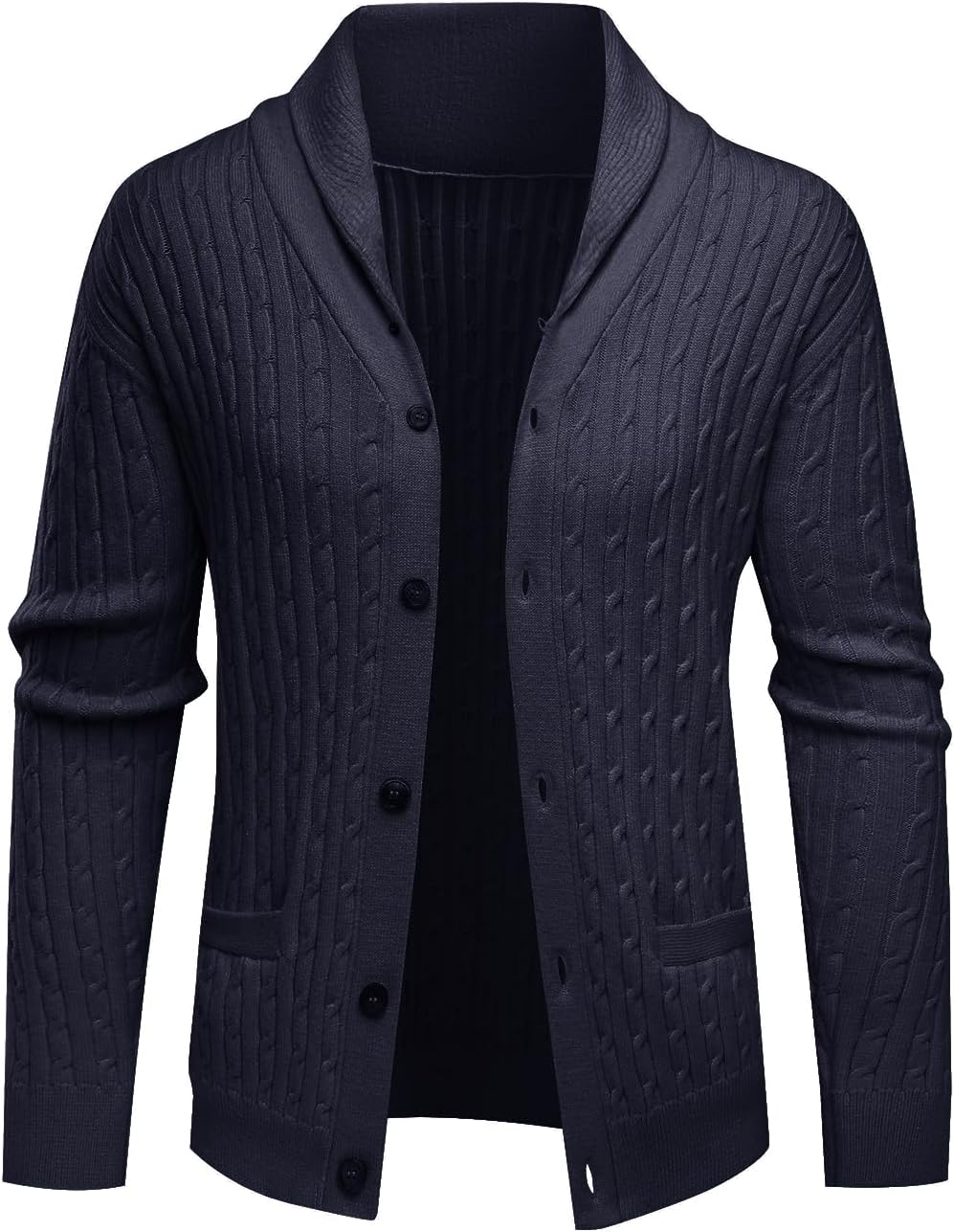 ALLOVIN Mens Cable Knit Cardigan Sweater Shawl Collar Long Sleeve Button Down with Pockets Casual Business Wear Fall Winter