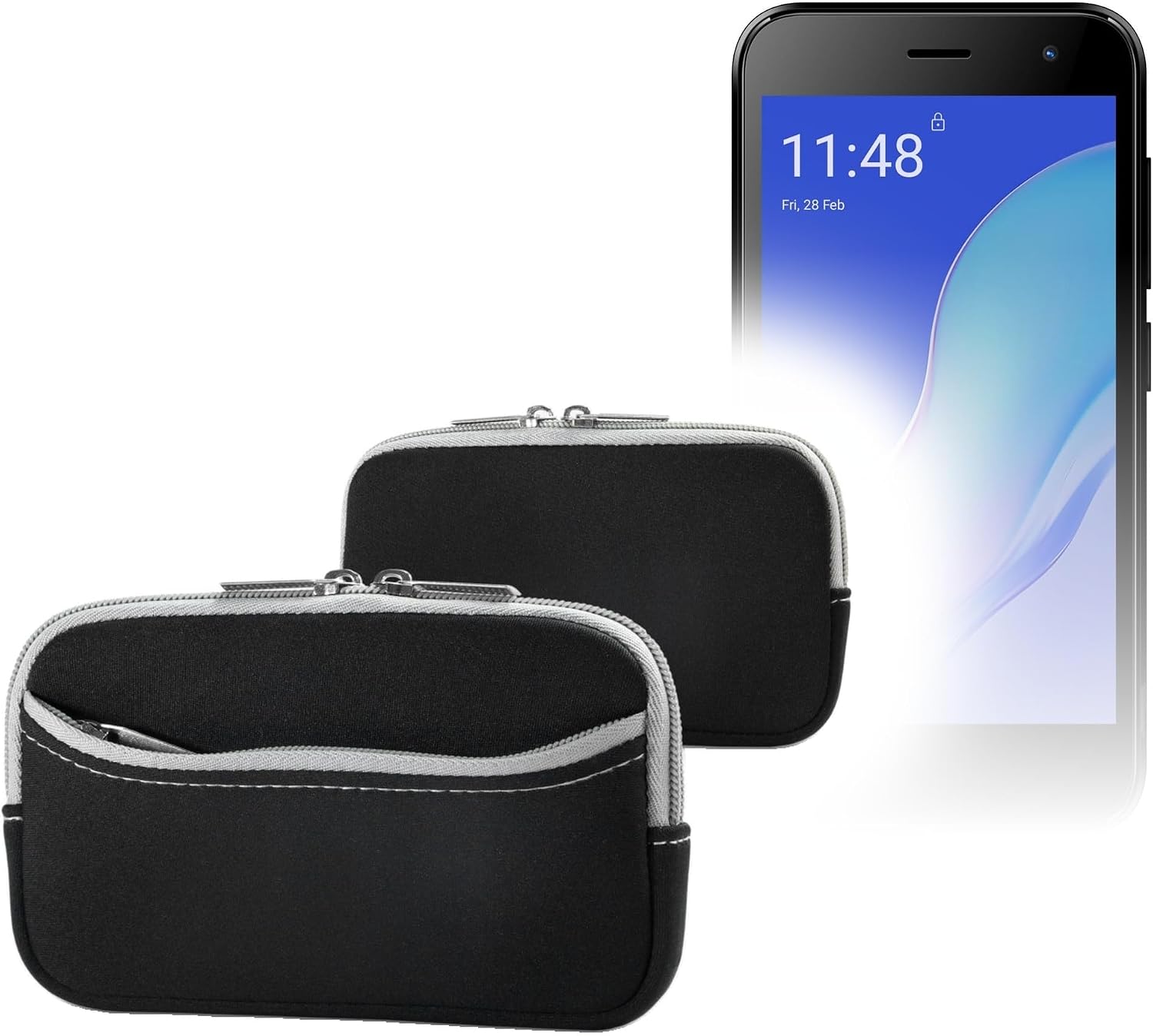 BoxWave Case Compatible with Unnecto Bolt 1 2025 Smartphone (5 in) - SoftSuit with Pocket, Soft Pouch Neoprene Cover Sleeve Zipper Pocket - Jet Black with Grey Trim