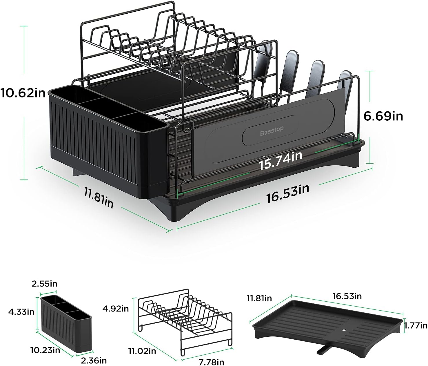 Dish Drying Rack, BASSTOP 2 - Tier Dish Rack Drainboard Set, 16.53 inch x 11.81 inch x 10.62 inch Compact Durable Stainless Steel Dish Drainer with Adjustable Swivel Spout and Anti-Slip Silicone Caps