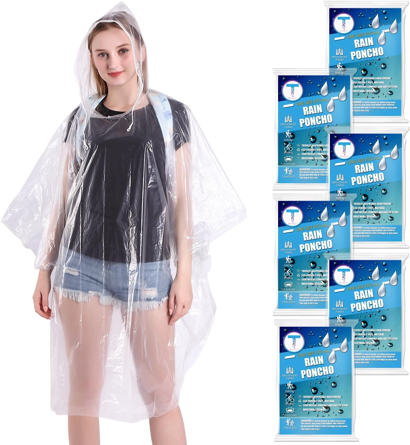 TUNCHMO Disposable Rain Ponchos 6 Pack for Adults/Kids/Family Set-50% Thicker Emergency Ponchos